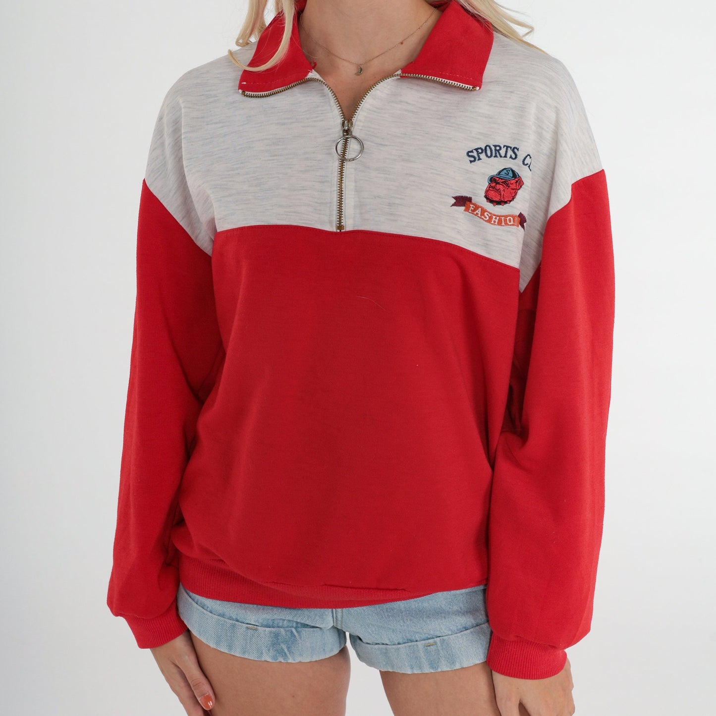 90s Bulldog Sports Club Quarter Zip Sweatshirt Red Grey Color Block Medium M