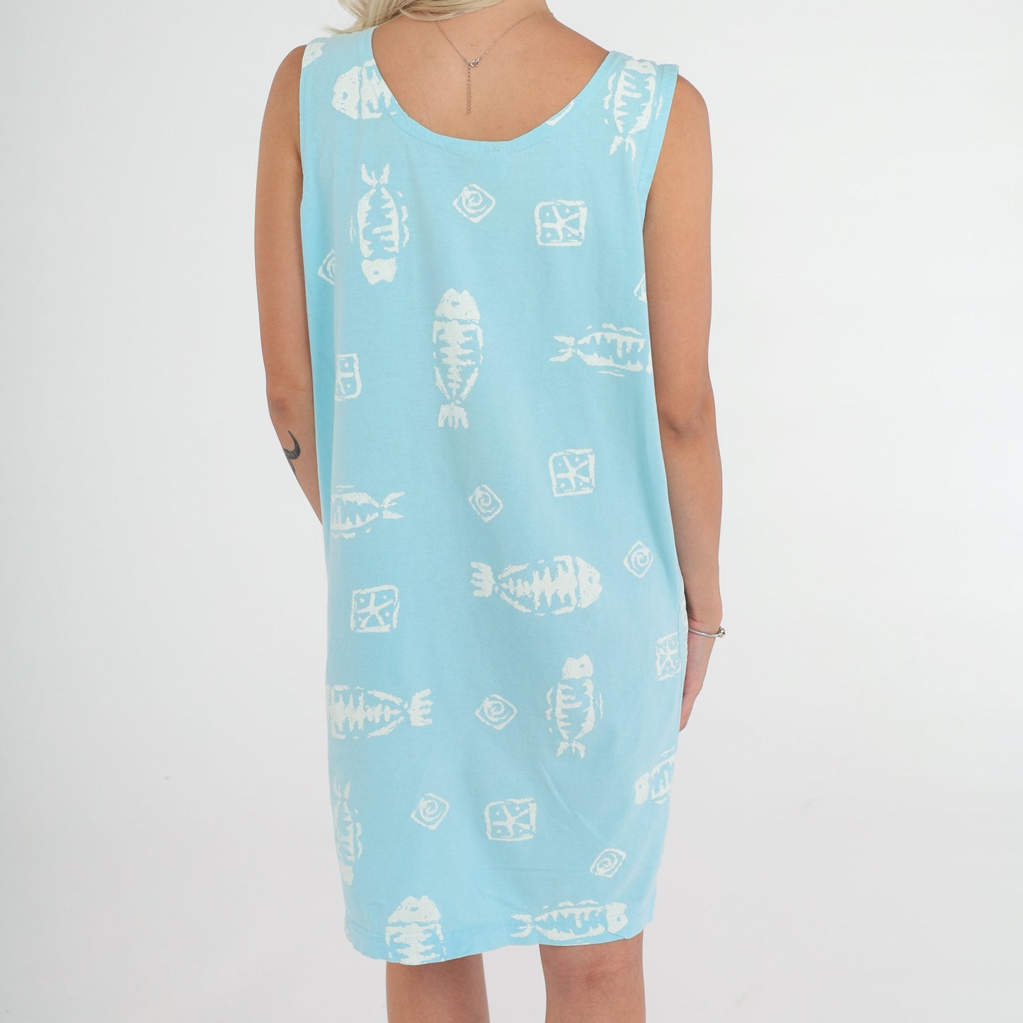 90s Fish Print Sundress Aqua Blue Sleeveless Shift Mini Dress Small