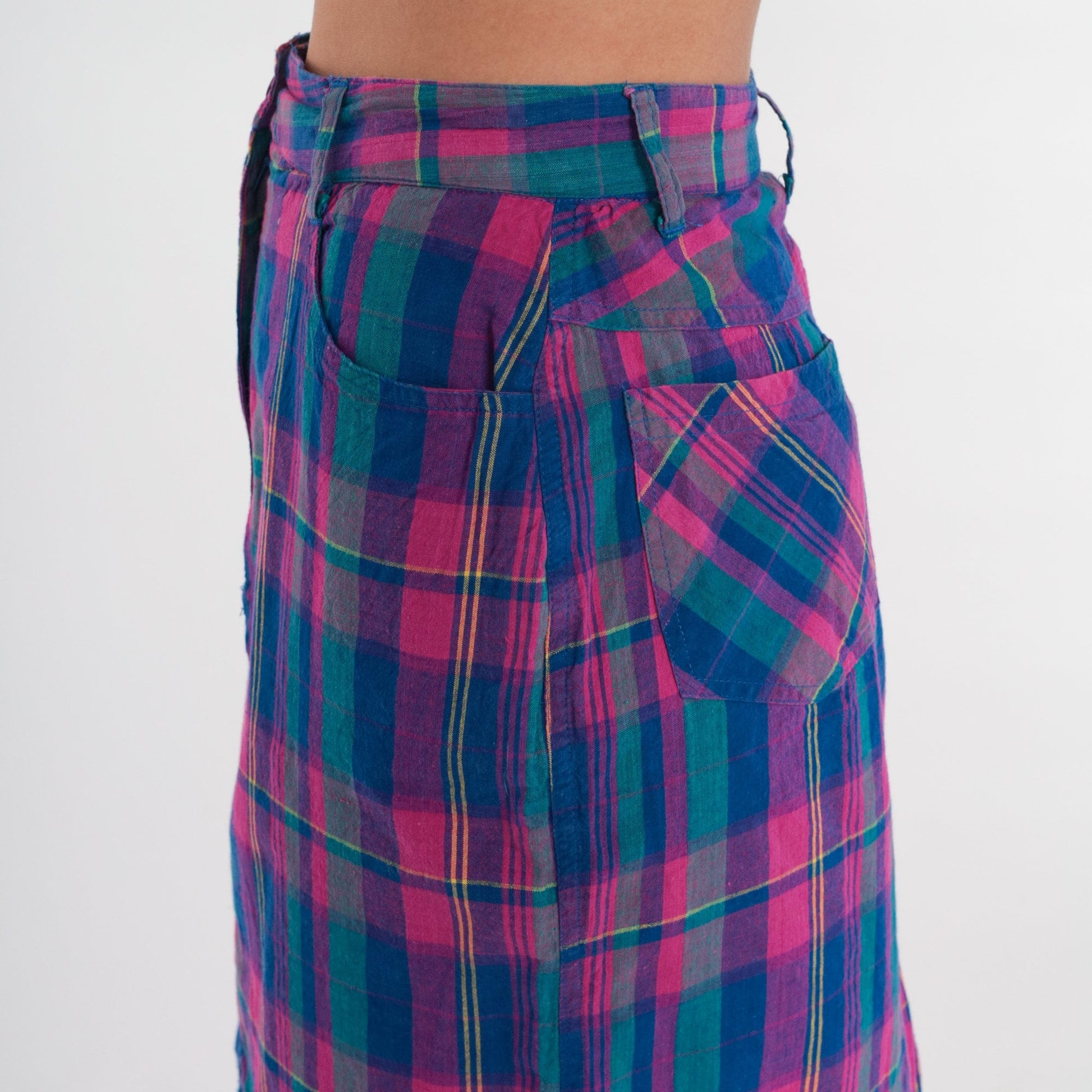 90s Plaid Mini Skirt High Waisted Pencil Checkered Pink Blue Cotton Small