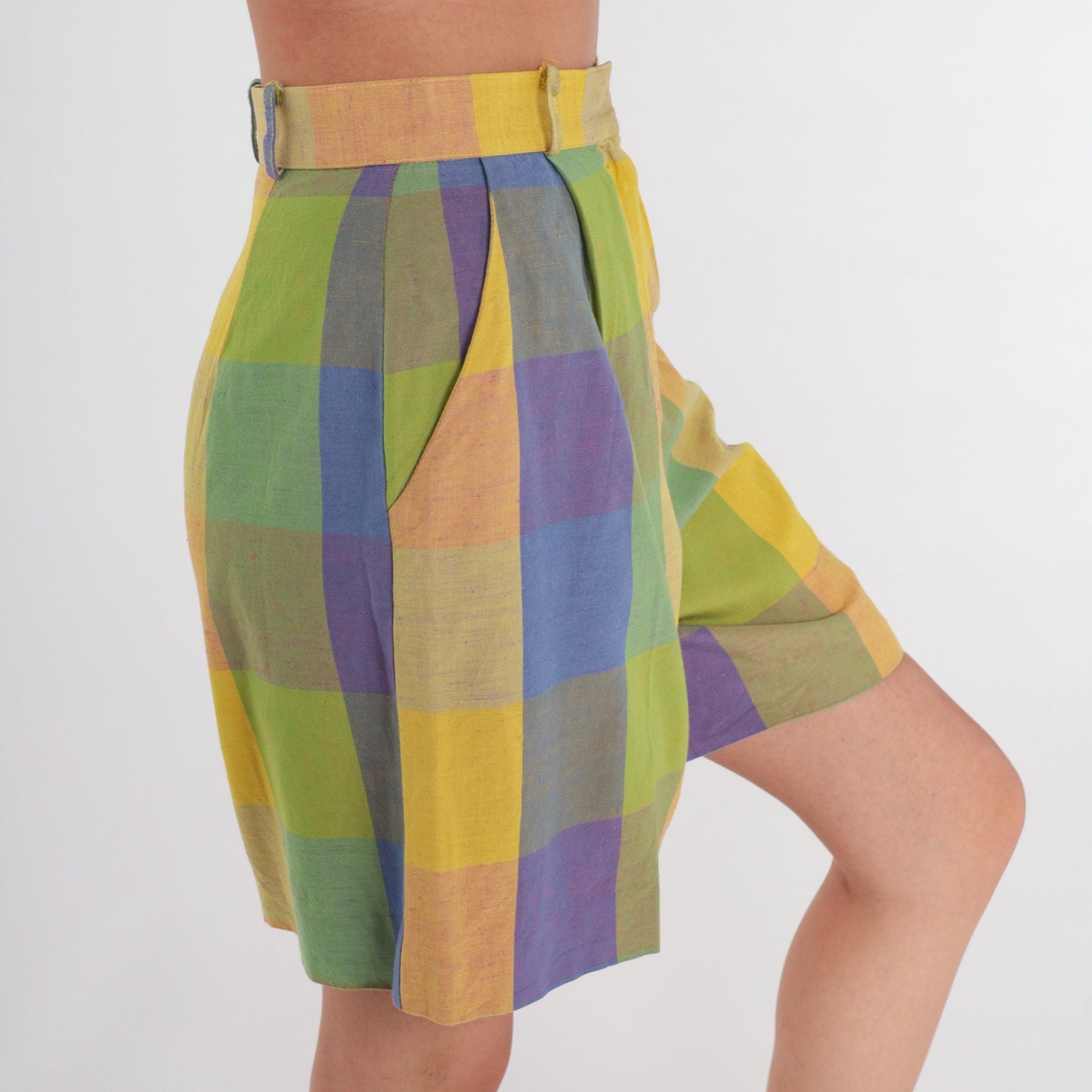 90s Plaid High-Waisted Shorts Yellow Purple Pleated Trouser Extra Small