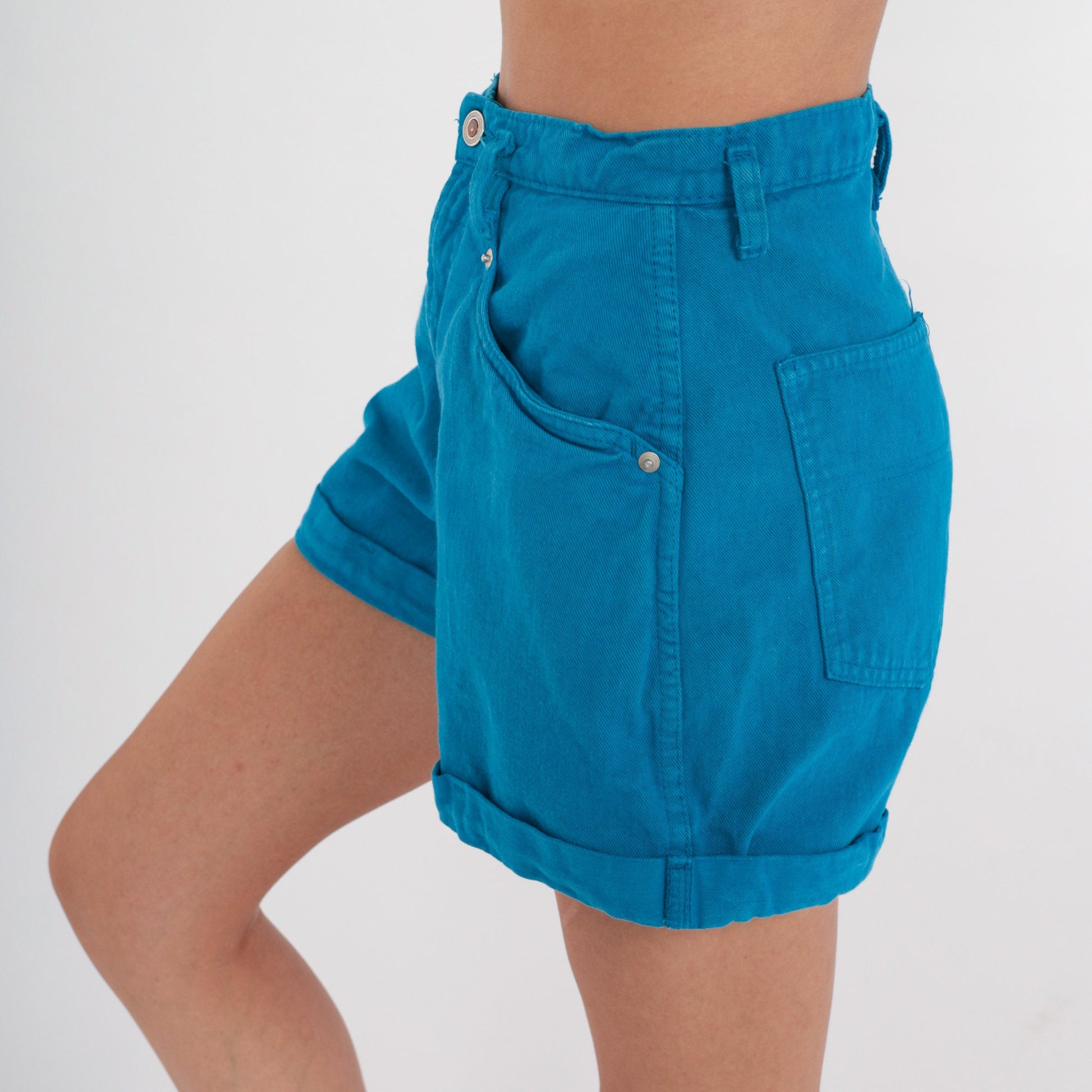 80s Bright Blue Denim Shorts High Waisted Cuffed Jean Shorts Small
