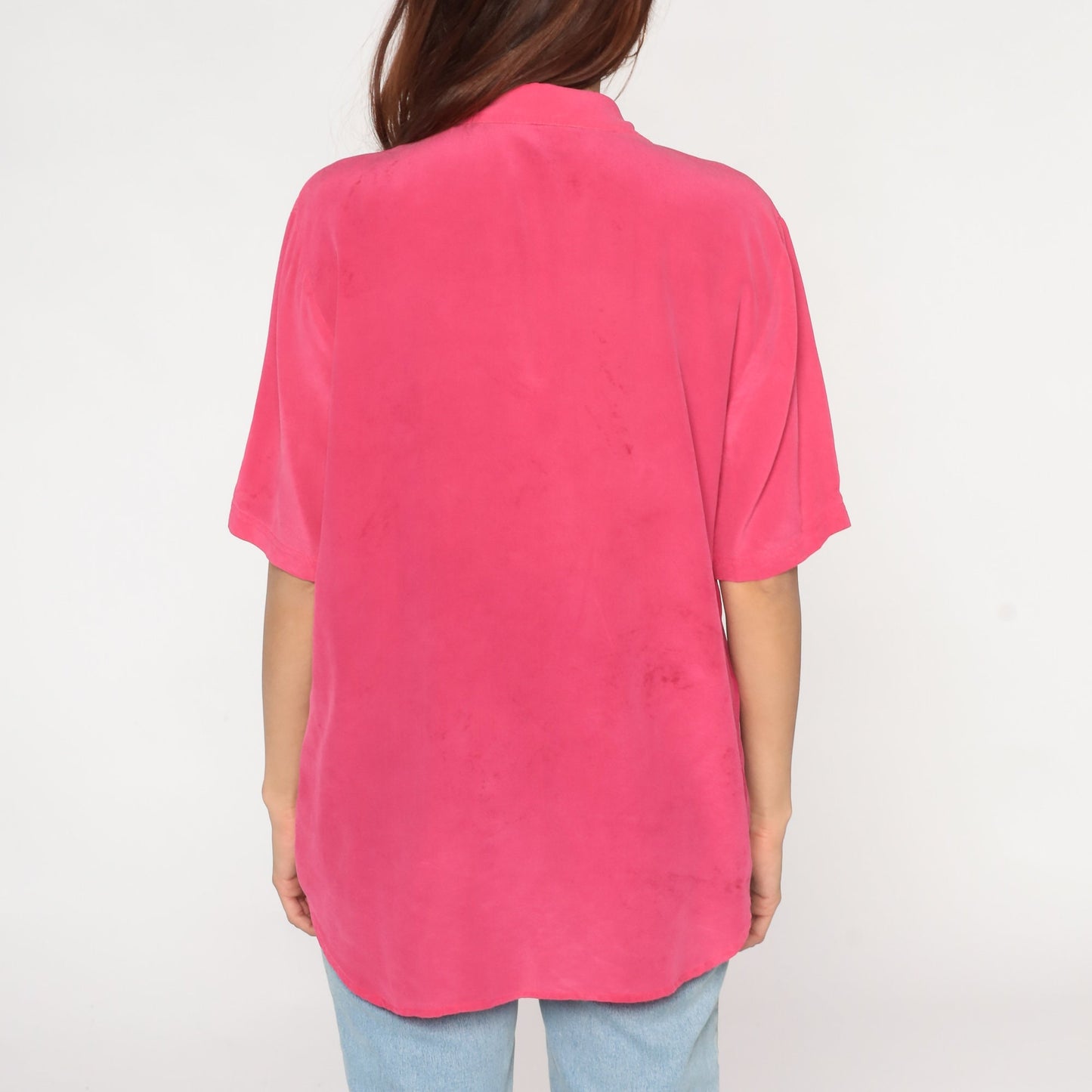 00s Pink Silk Button-Up Blouse Short Sleeve Chest Pocket Large