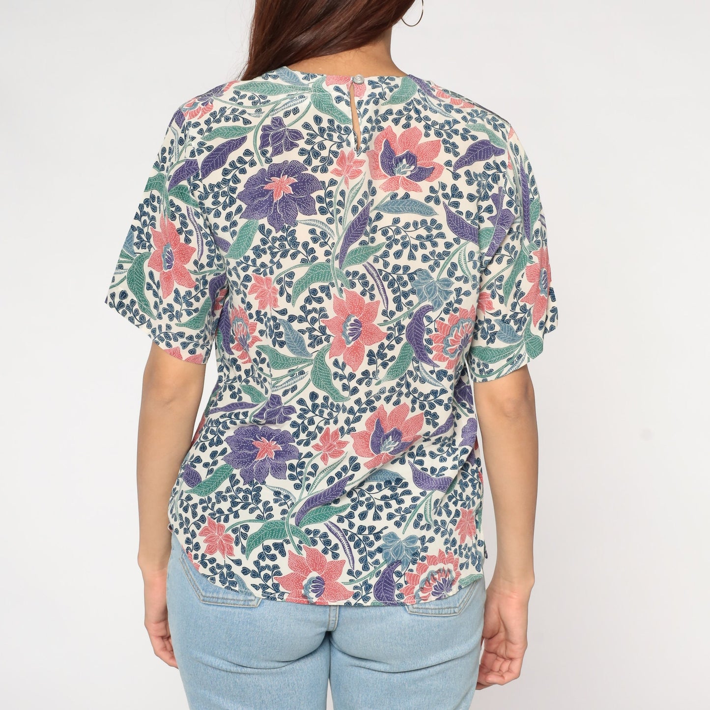 90s Silk Blouse White Indian Batik Floral Print Short Sleeve Medium M