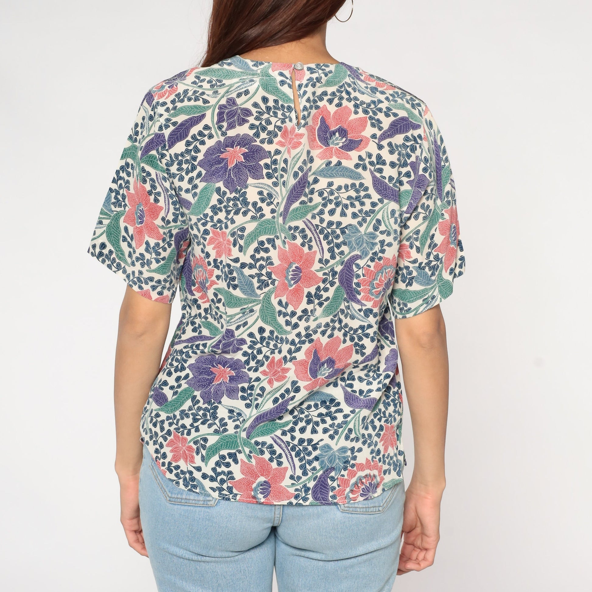 90s Silk Blouse White Indian Batik Floral Print Short Sleeve Medium M