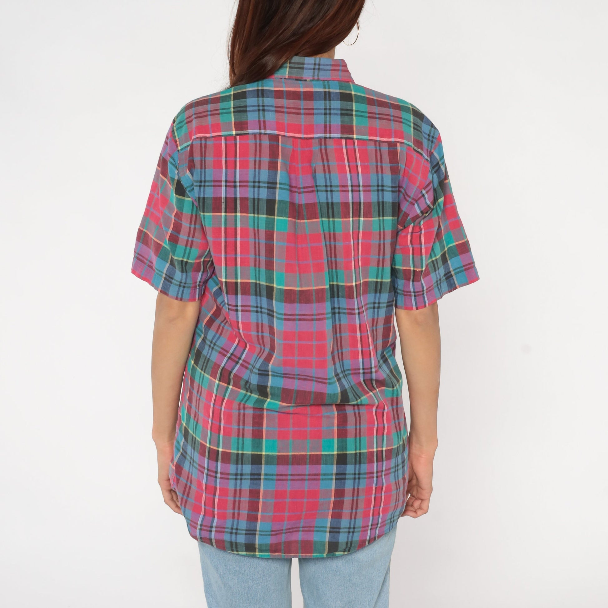 90s Plaid Button-Up Shirt Pink Blue Green Checkered Cotton Medium M