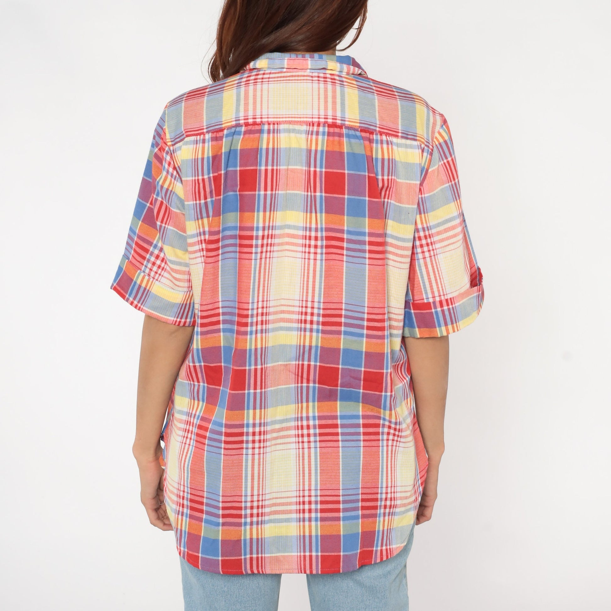 80s Plaid Cotton Blouse Short Sleeve Button-Up Shirt Red Blue Yellow Large L