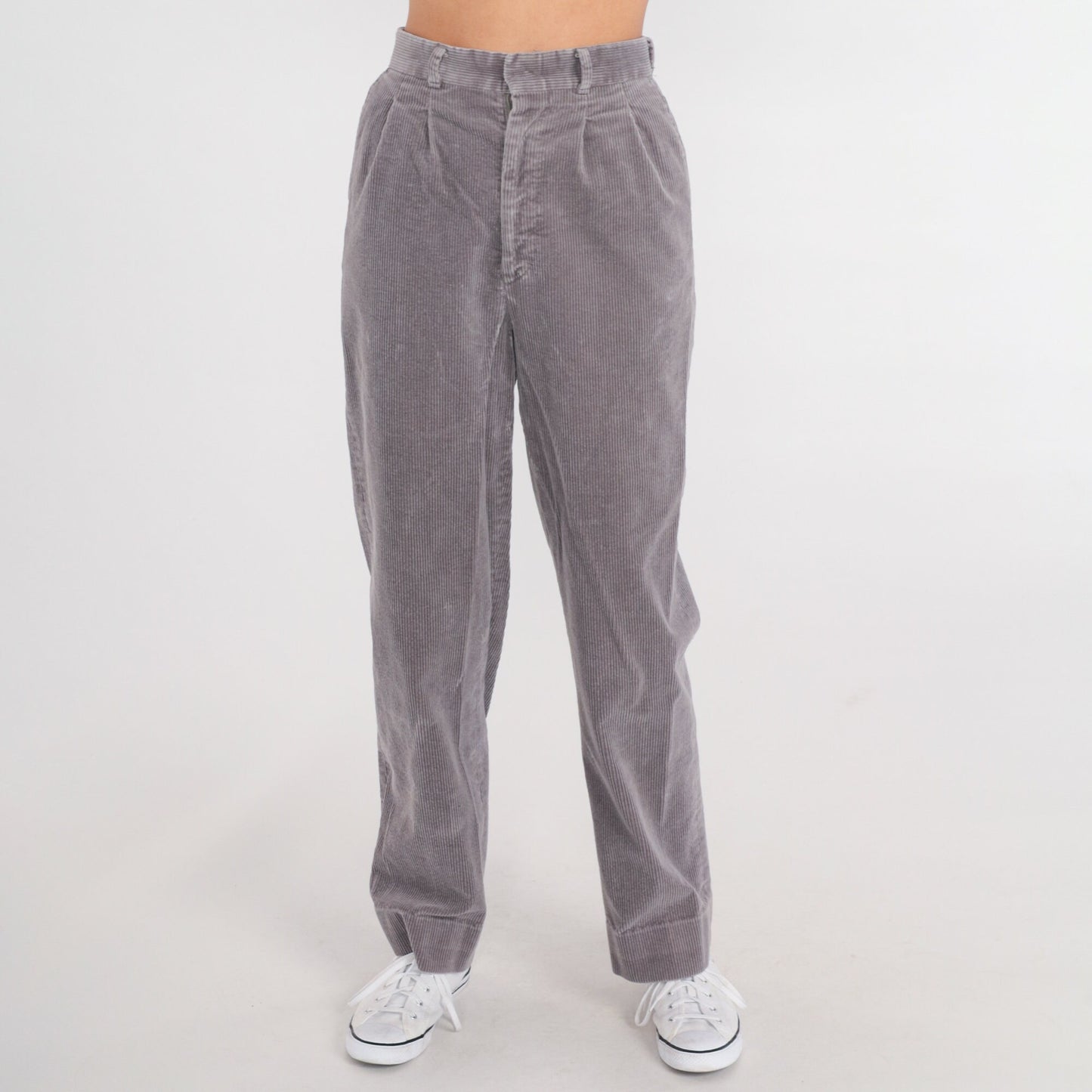 80s Grey Corduroy High-Waist Pleated Straight-Leg Trousers Extra Small
