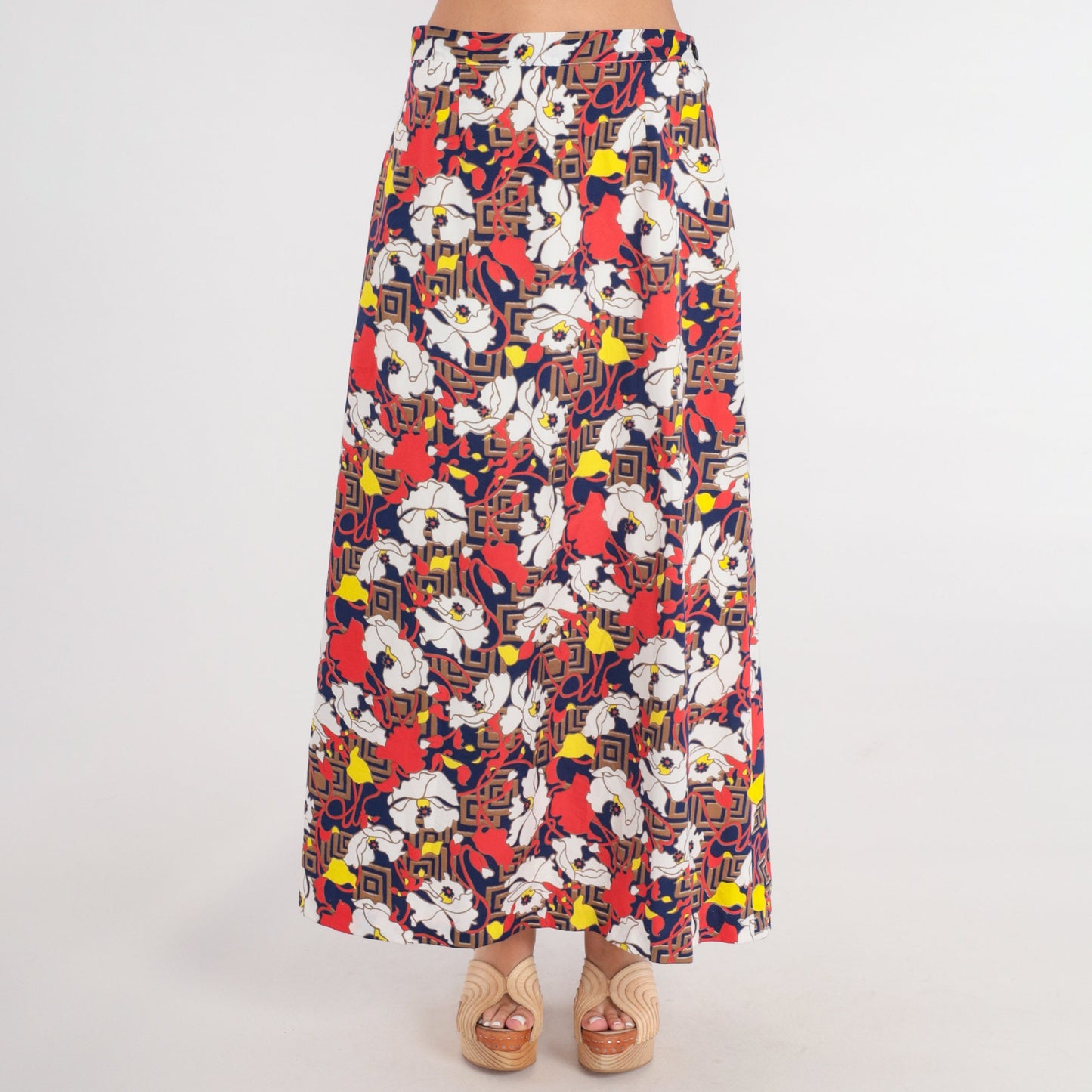 70s Psychedelic Floral Maxi Skirt High Waist Zipper Red White Blue Medium