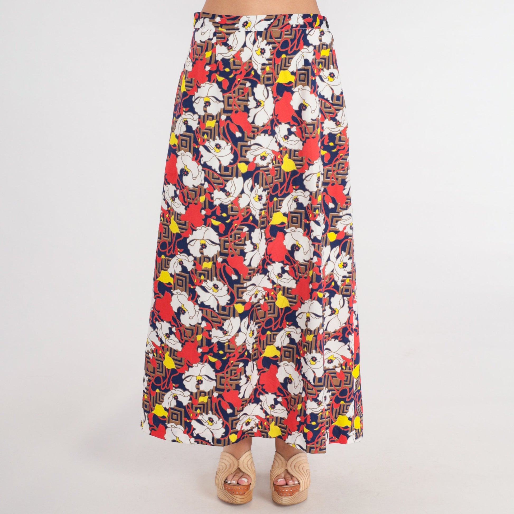 70s Psychedelic Floral Maxi Skirt High Waist Zipper Red White Blue Medium