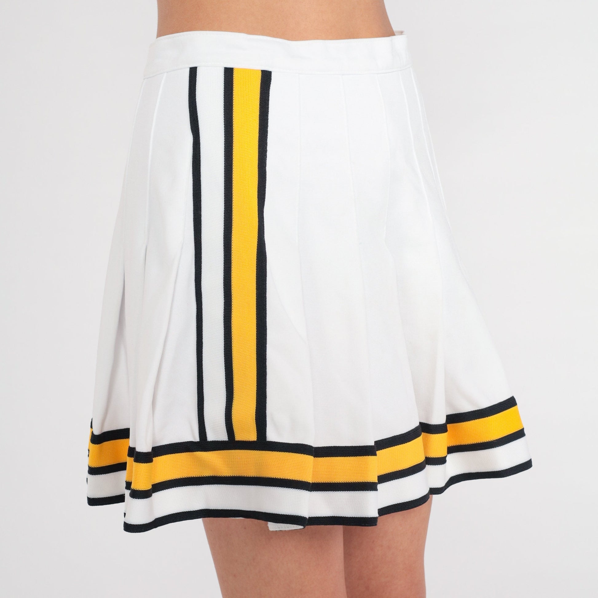 90s White Pleated Mini Skirt Yellow Black Striped High Waisted Small