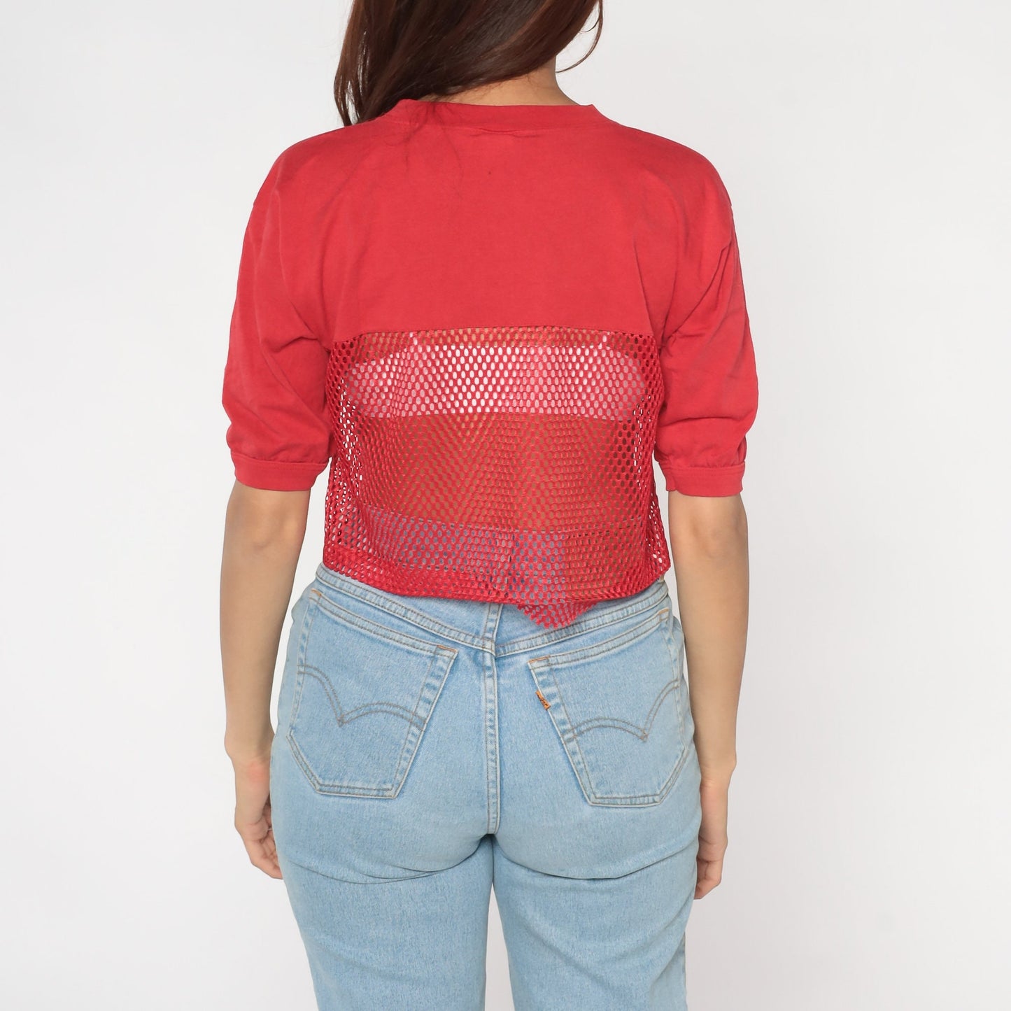 80s Indiana University Mesh Crop Top Red Sheer T-Shirt Medium