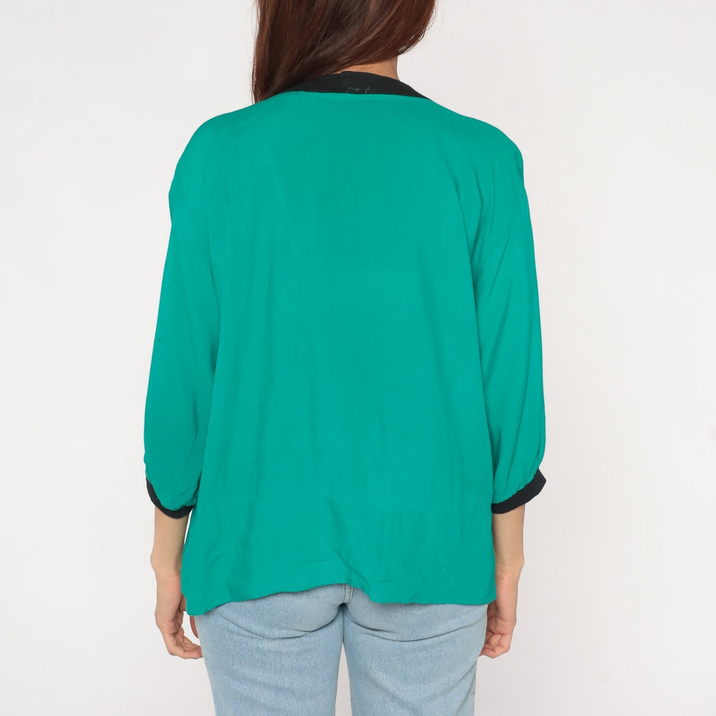 80s City Skyline Rhinestone Blouse Green Semi-Sheer Ringer Trim Medium