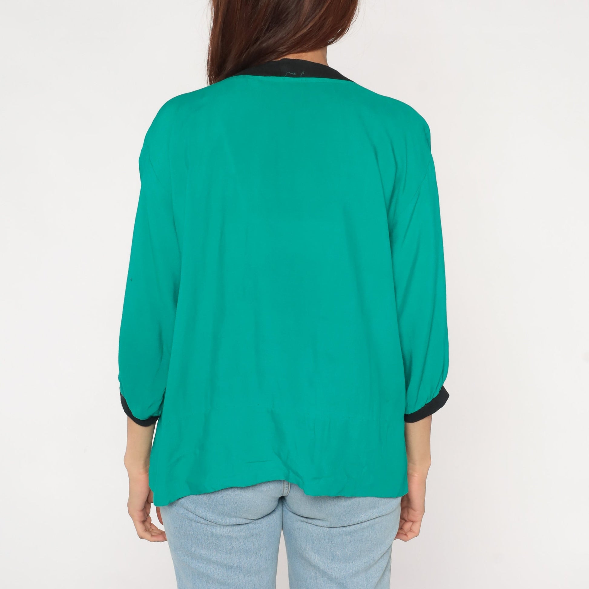 80s City Skyline Rhinestone Blouse Green Semi-Sheer Ringer Trim Medium