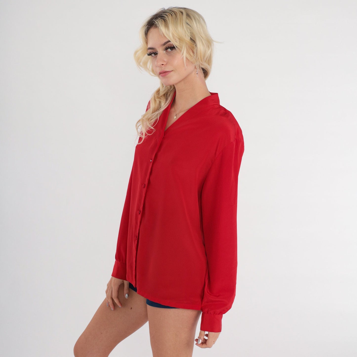 80s Pendleton Red Button-Up Blouse V-Neck Long Sleeve Medium