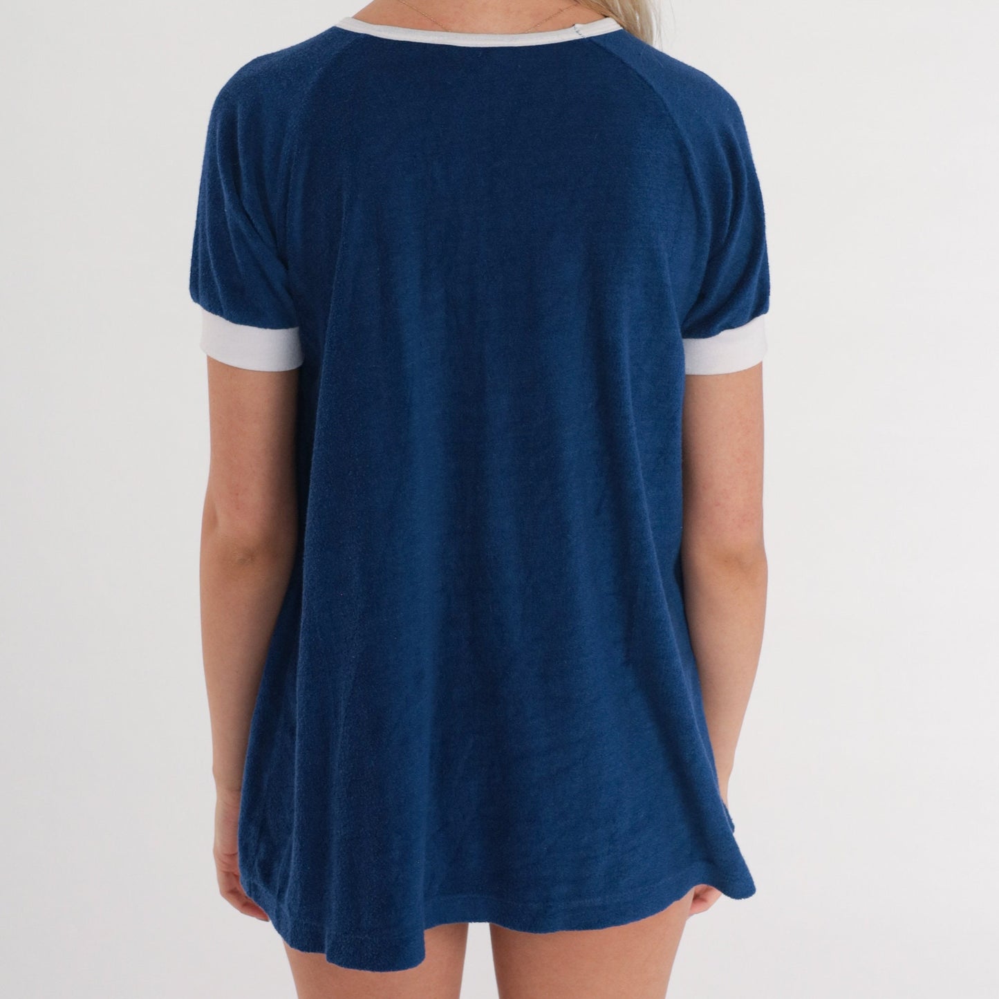 80s Jeannete Maternity Navy Terry Cloth Ringer Tee Raglan Sleeve Small
