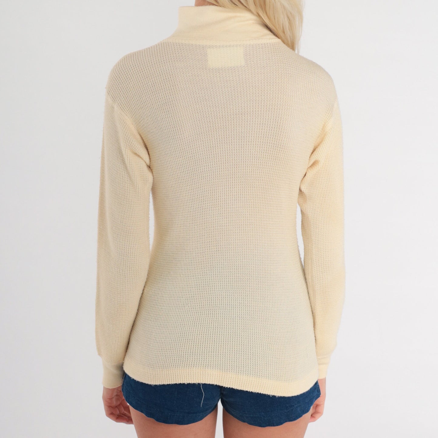 80s Cream Waffle Knit Thermal Mock Neck Long Sleeve Shirt Small