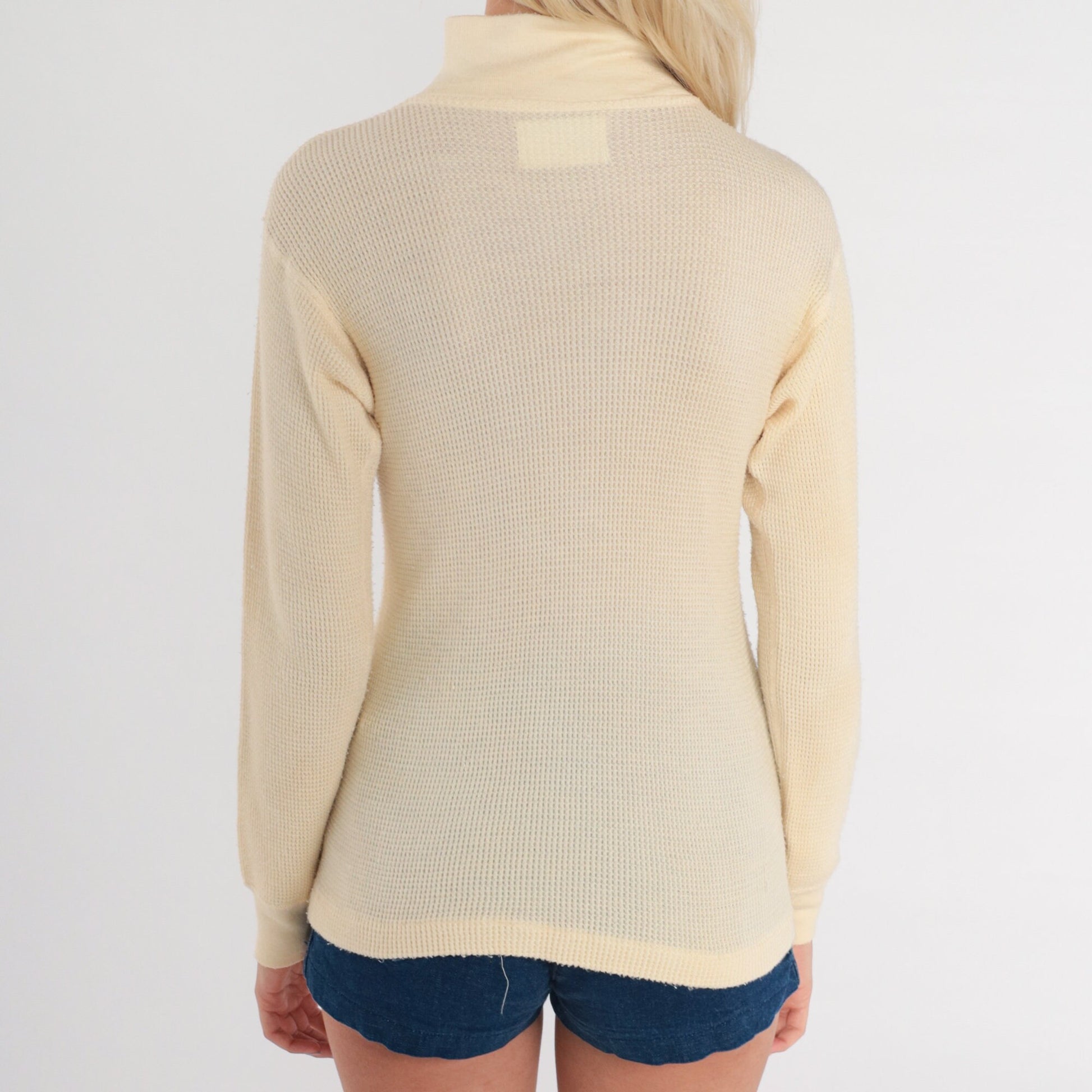 80s Cream Waffle Knit Thermal Mock Neck Long Sleeve Shirt Small