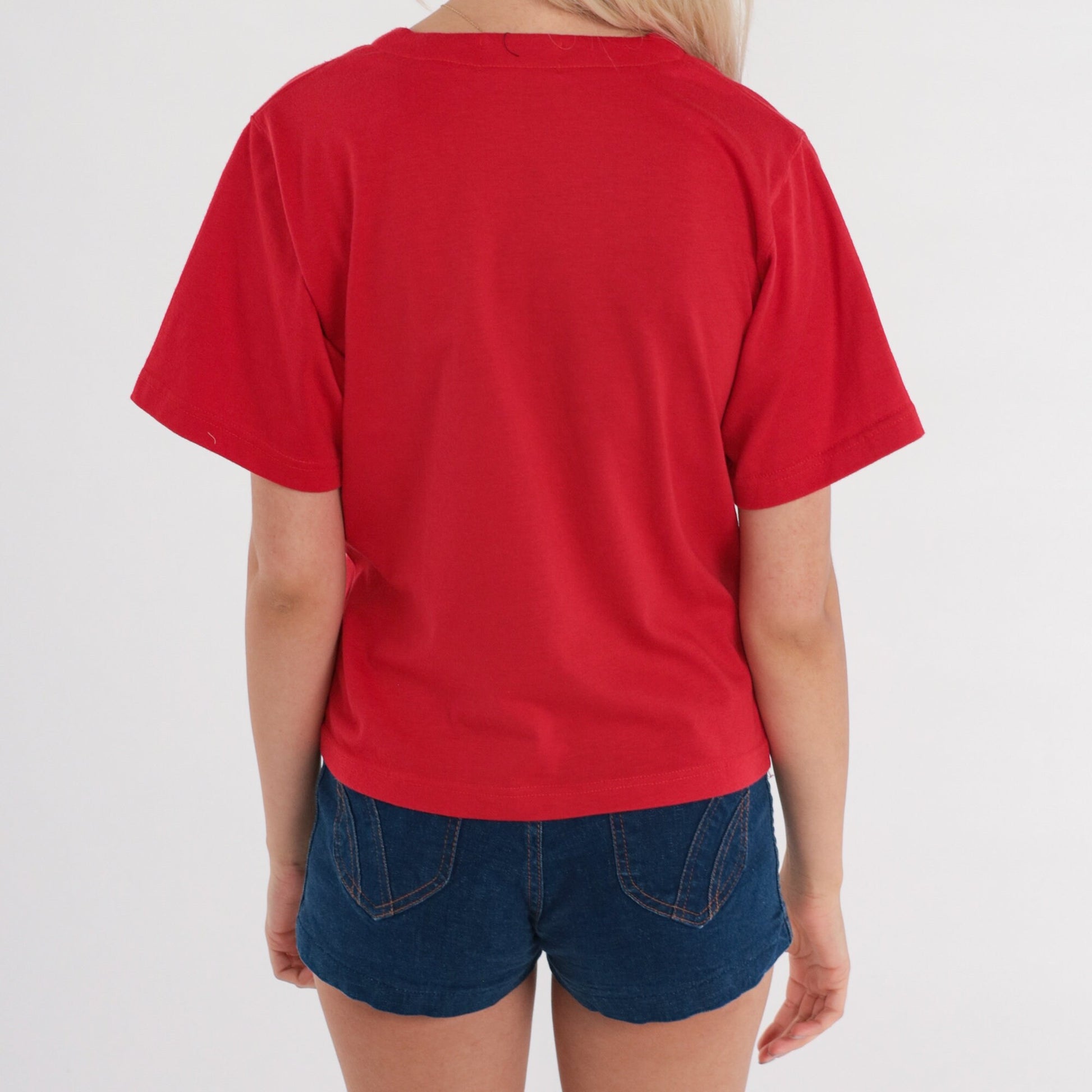 80s Red Button-Up Shirt V-Neck Short Sleeve Cotton Blend Small