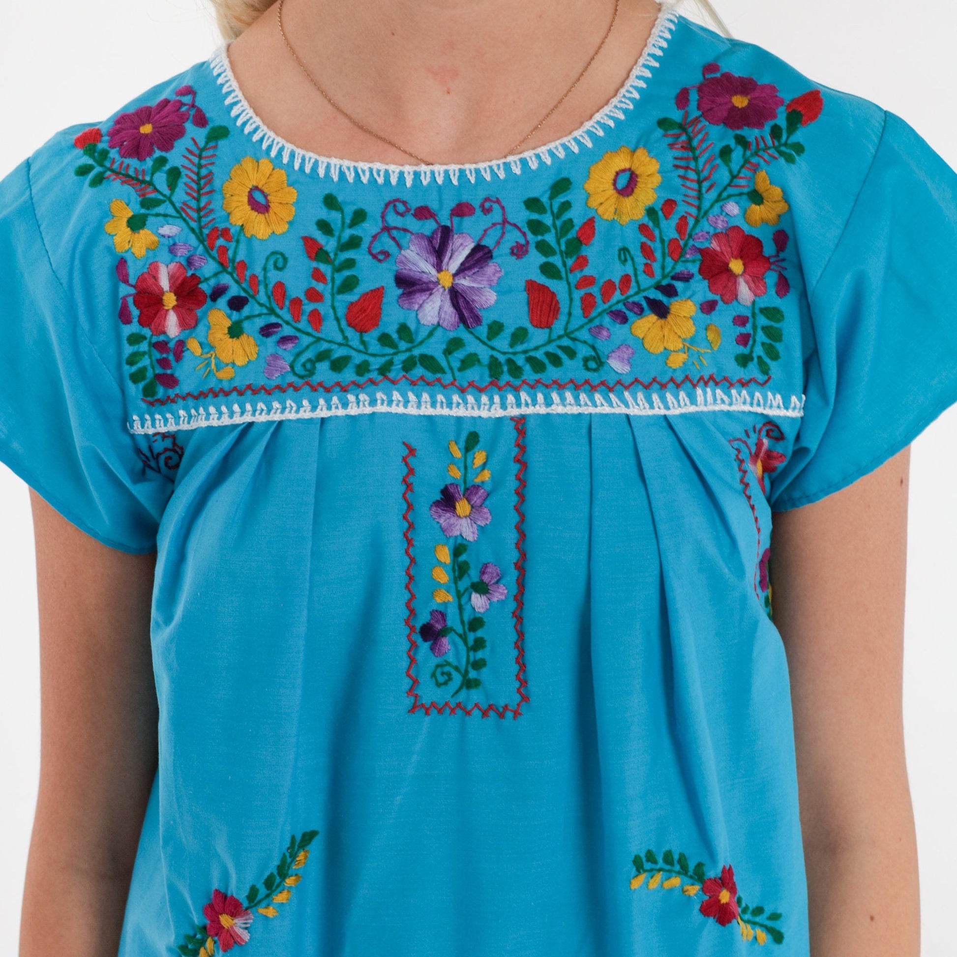 90s Mexican Floral Embroidered Mini Dress Blue Cotton Cap Sleeve Extra Small