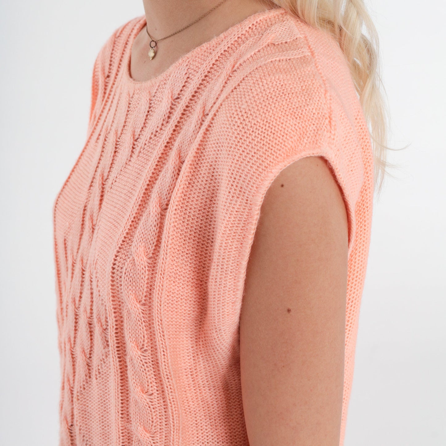 80s Peach Cable Knit Sweater Cap Sleeve Top Small