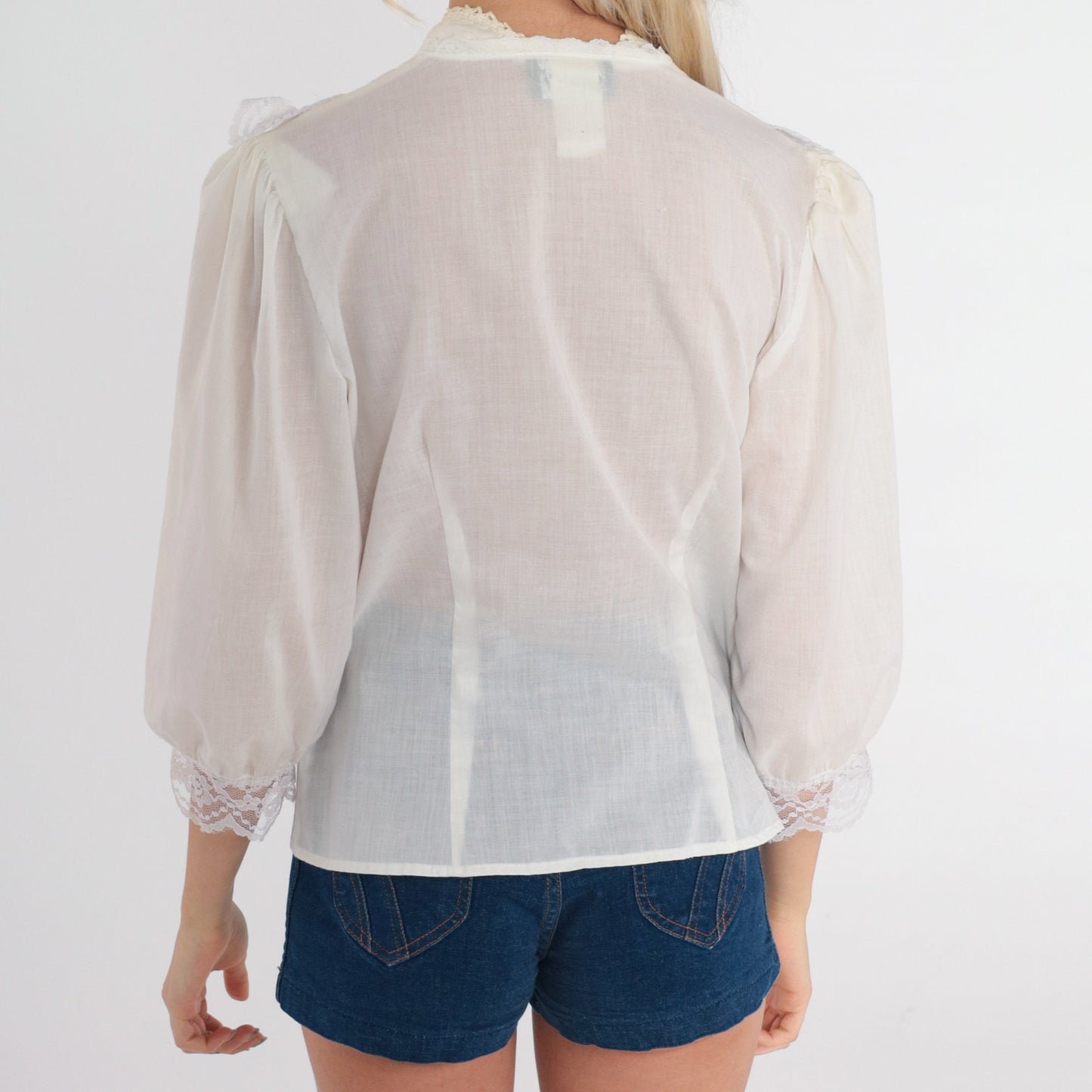 80s White Victorian Blouse Lace Bib Tuxedo Puff Sleeve Button-Up Medium