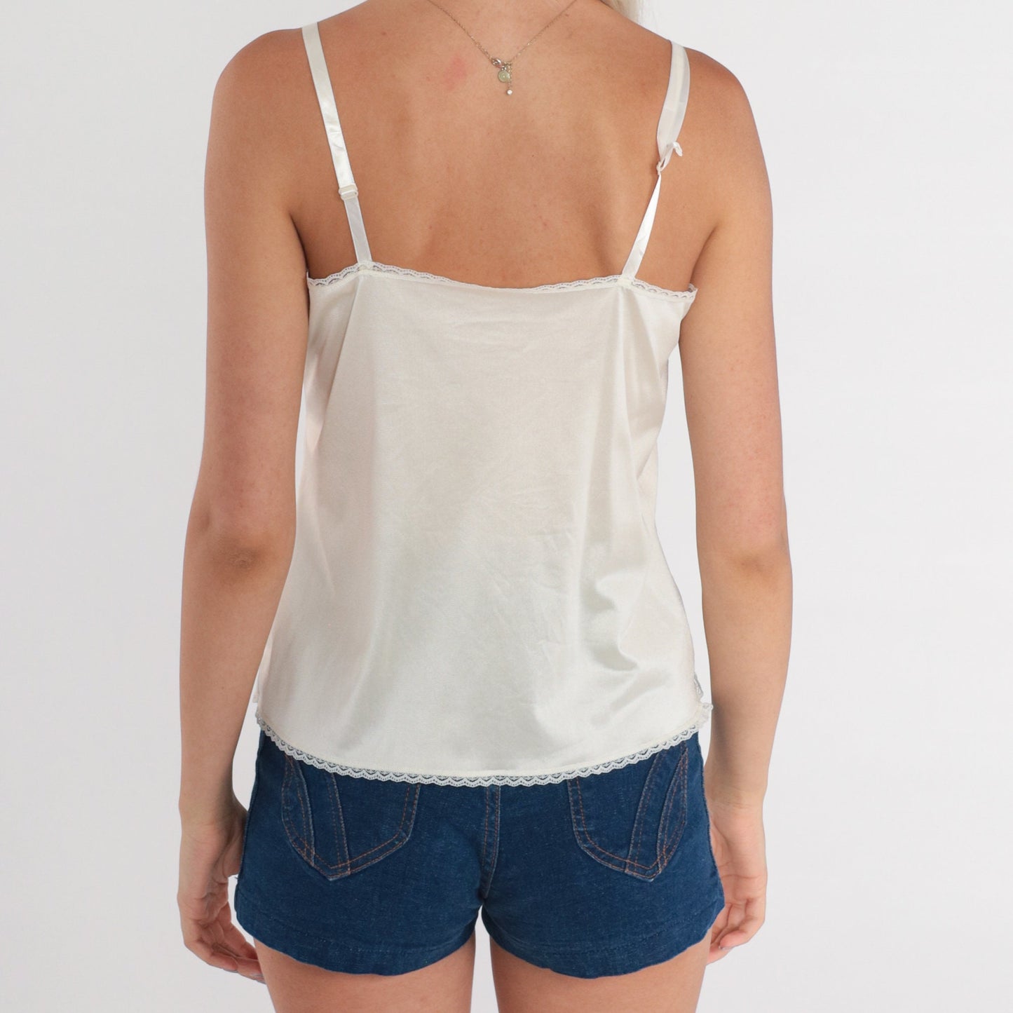 70s Ivory Lace Camisole Tank Top Adjustable Spaghetti Strap Medium M