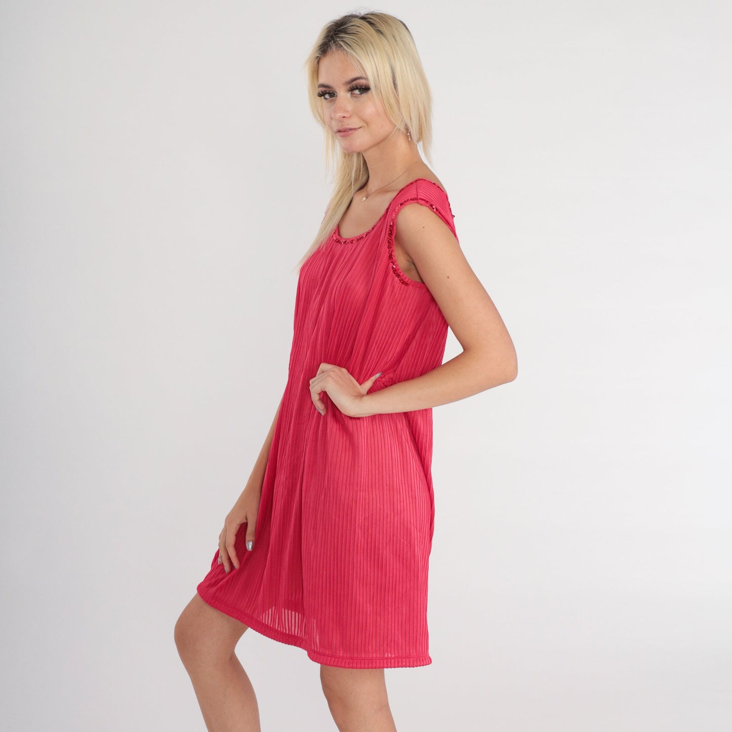 70s Dark Pink Mini Dress Sequin Trim Pleated Shift Sleeveless XS