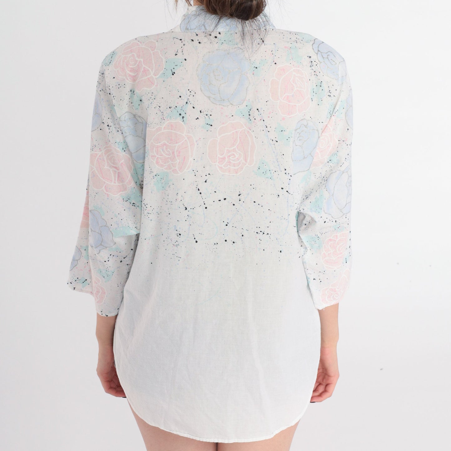 90s Maggie Sweet Floral Button Up Blouse White Glitter Rose Print Large