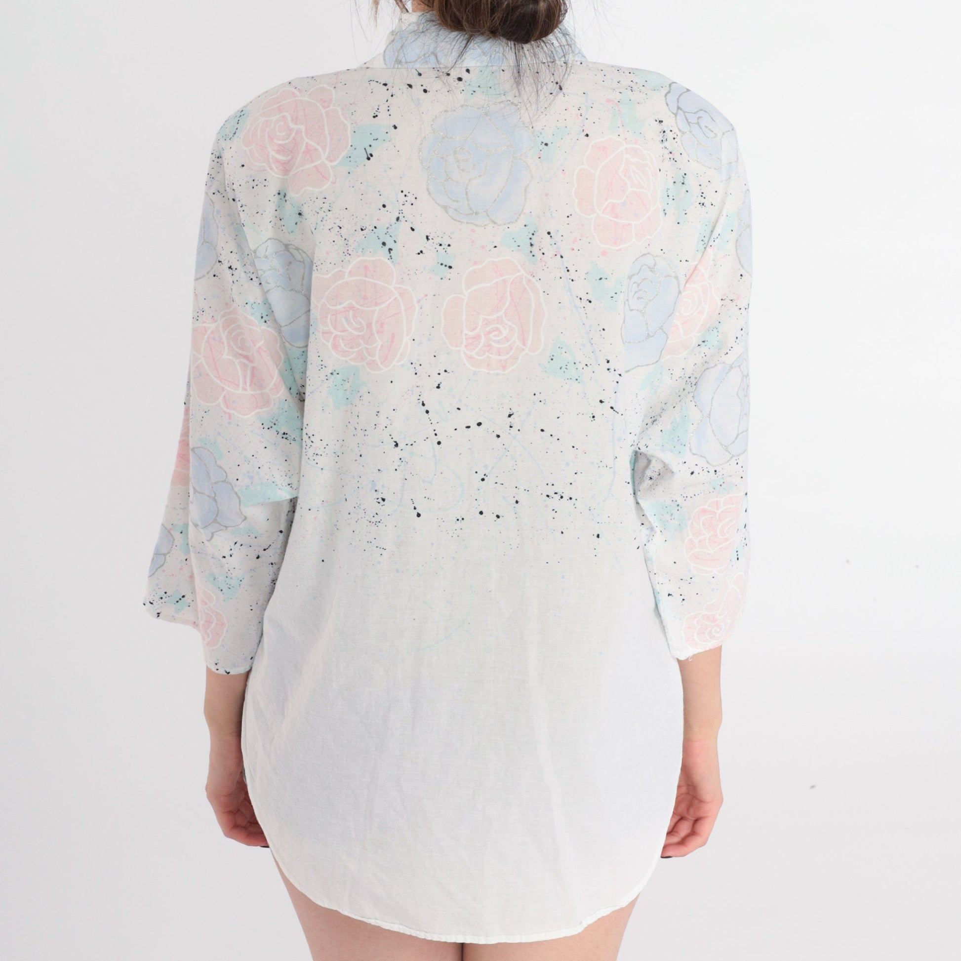 90s Maggie Sweet Floral Button Up Blouse White Glitter Rose Print Large