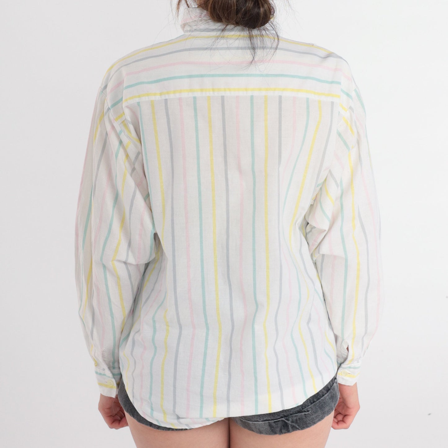90s C.I.F Pastel Striped Cotton Button-Up Blouse White Long Sleeve Medium