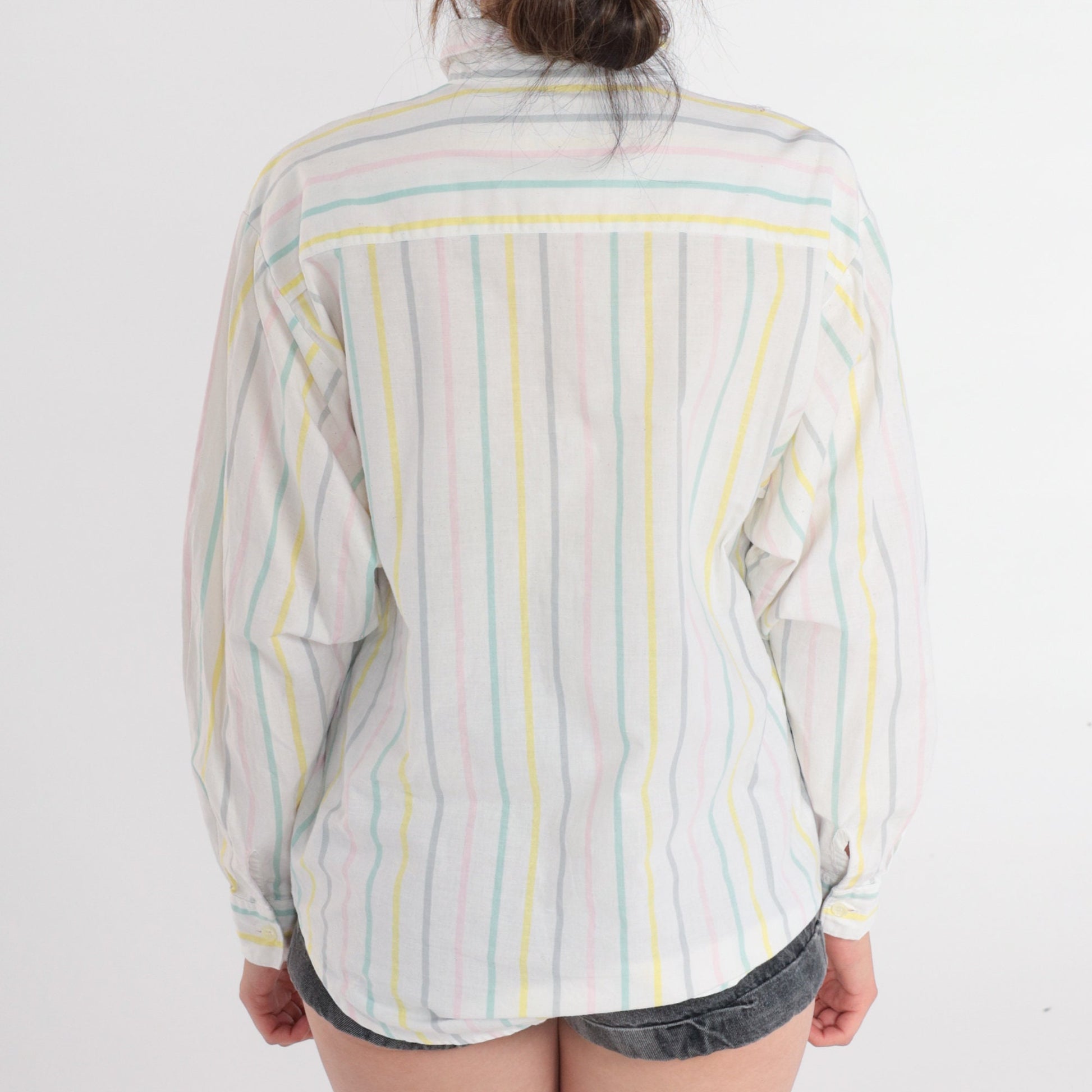 90s C.I.F Pastel Striped Cotton Button-Up Blouse White Long Sleeve Medium