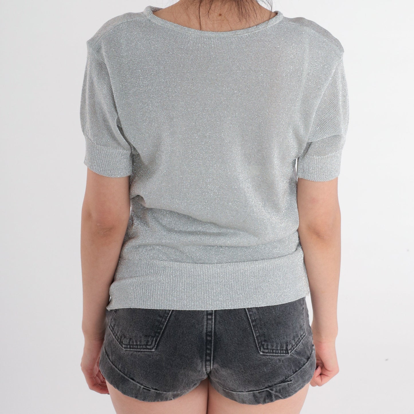 80s Silver Metallic Knit Top Short Sleeve Sweater Small S