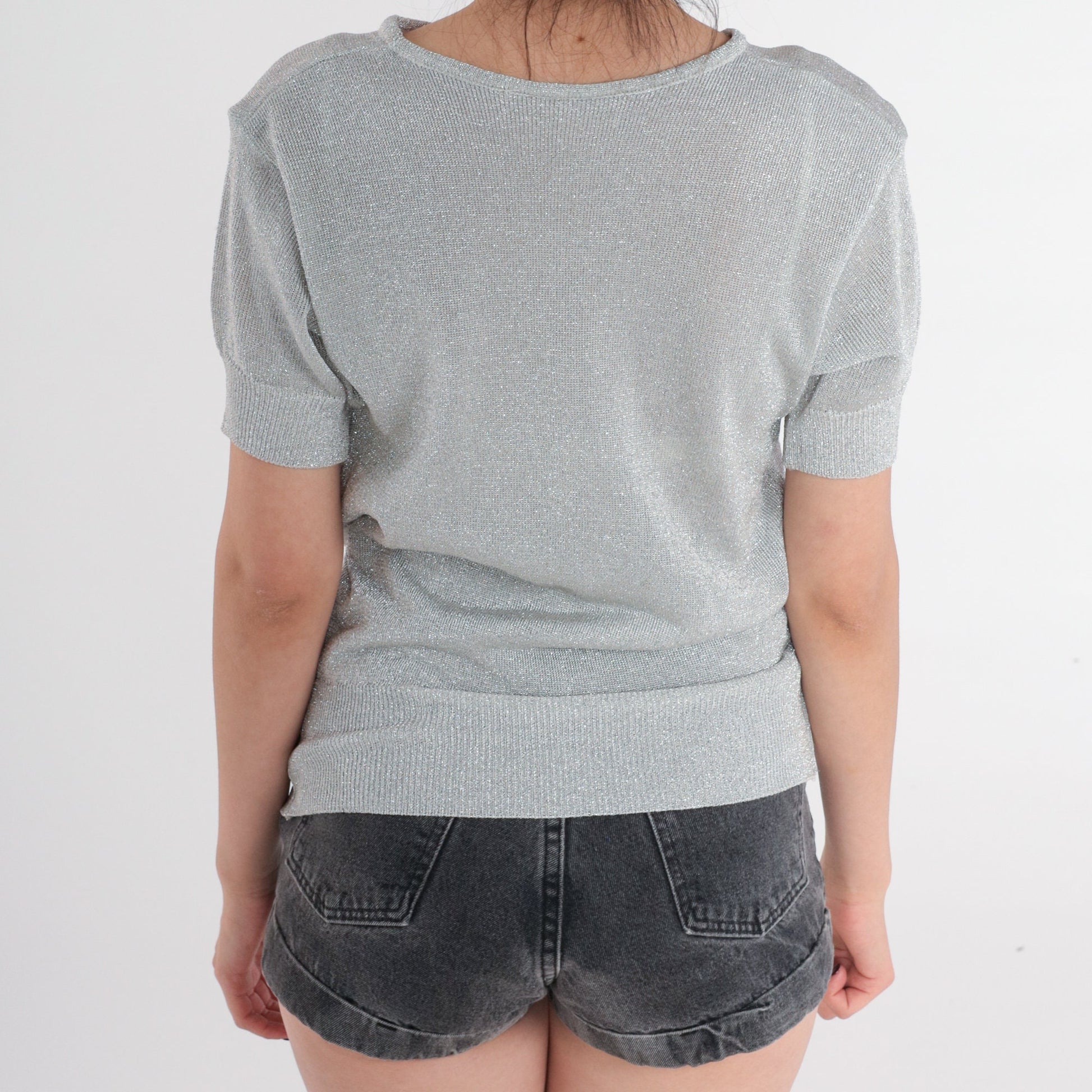80s Silver Metallic Knit Top Short Sleeve Sweater Small S