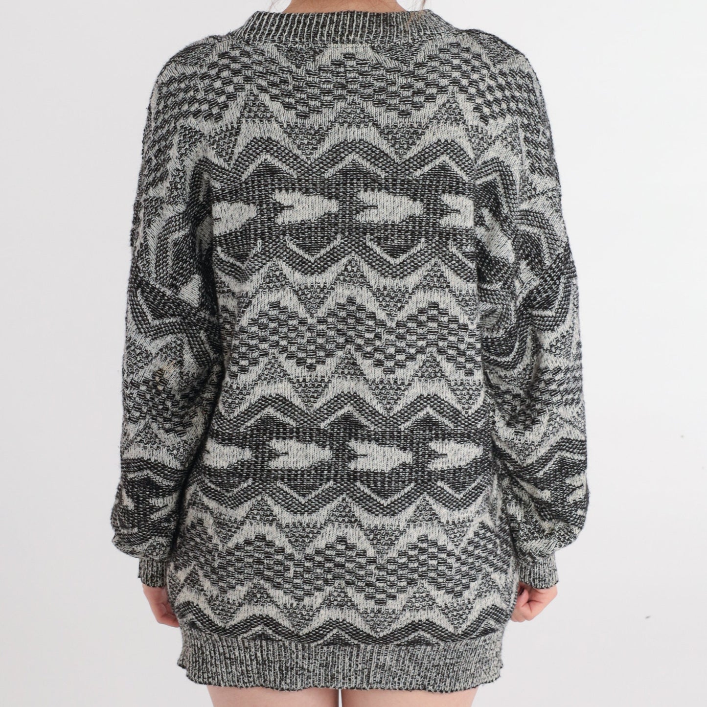 90s Geometric Triangle Wool Blend Sweater Crewneck Pullover Grey Large