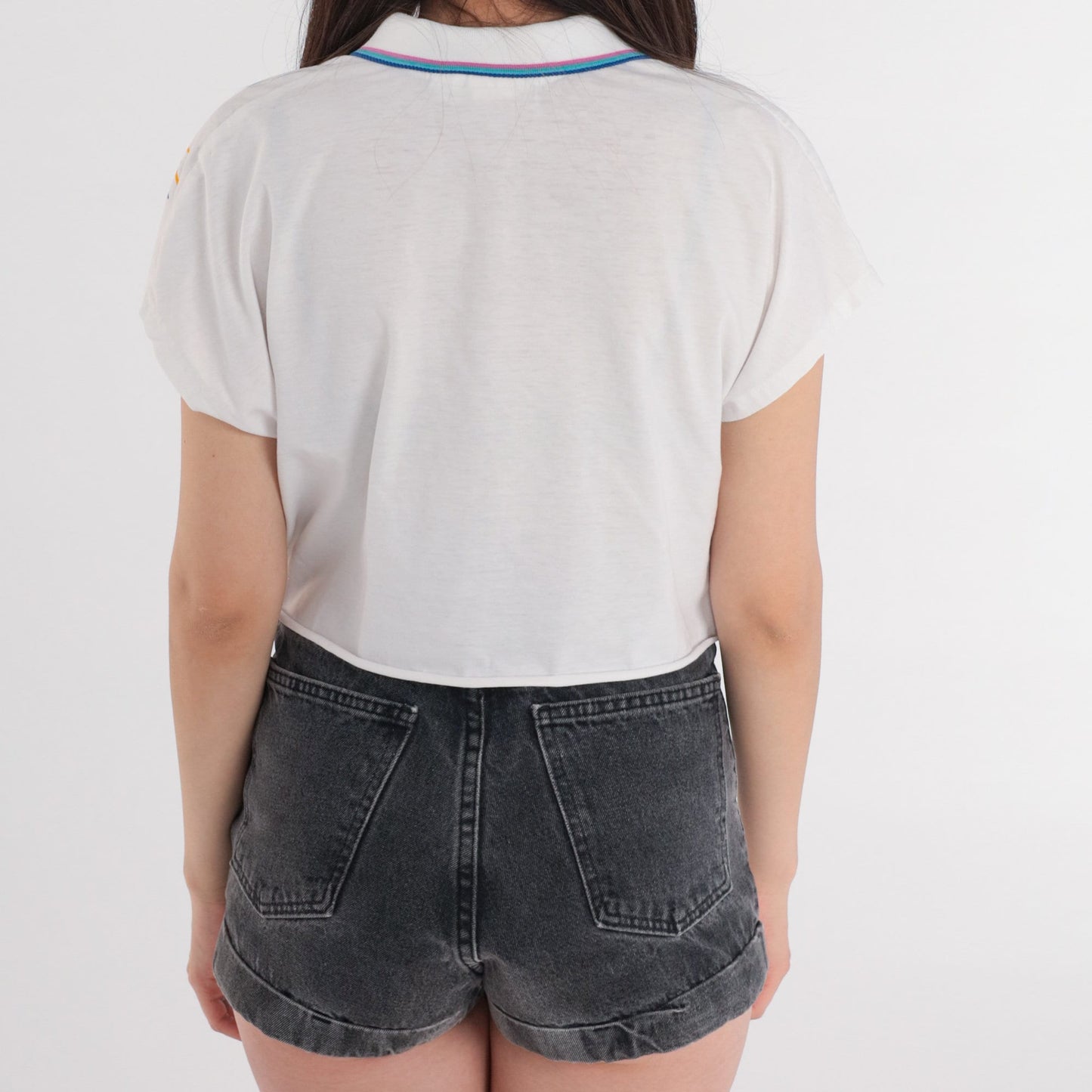 90s Lily's Floral Polo Crop Top White Abstract Print Collared Small