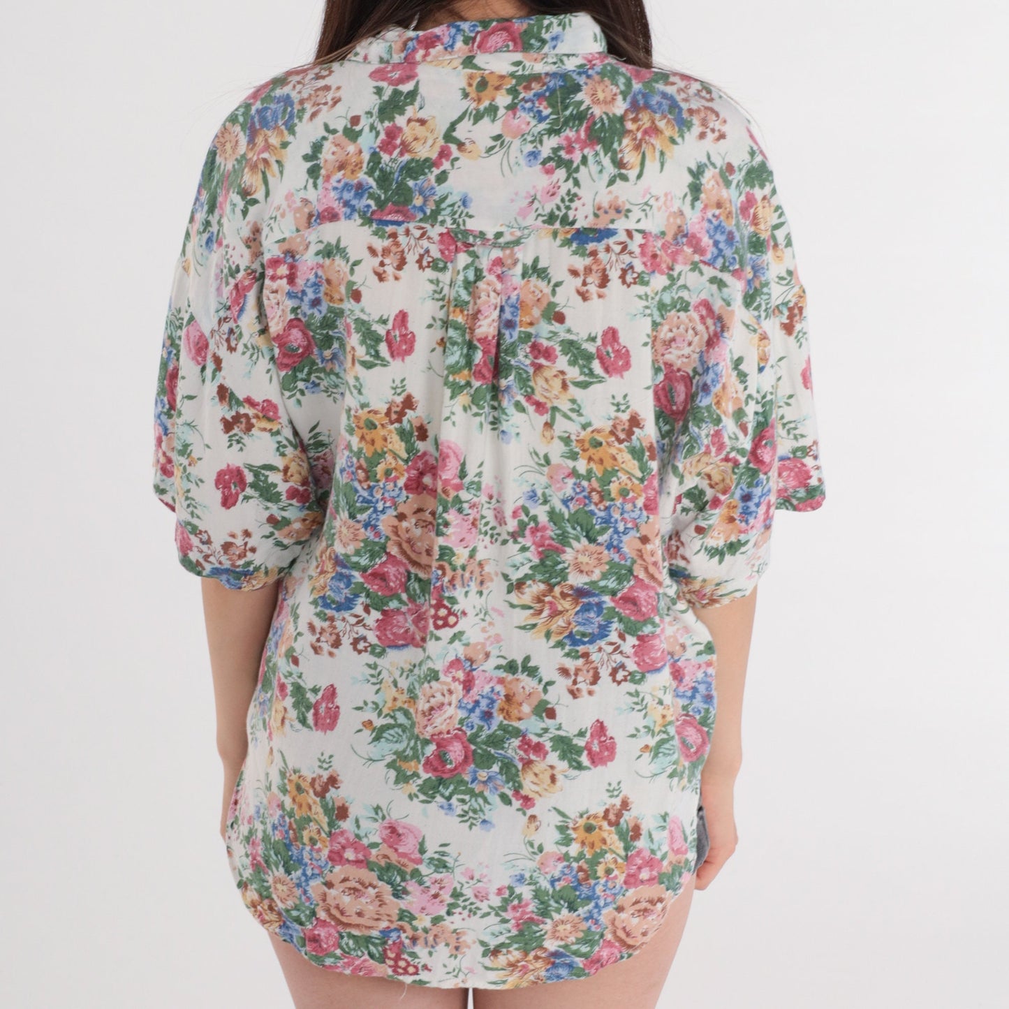 90s White Floral Button-Up Blouse Short Sleeve Collared Shirt Rose Print Large
