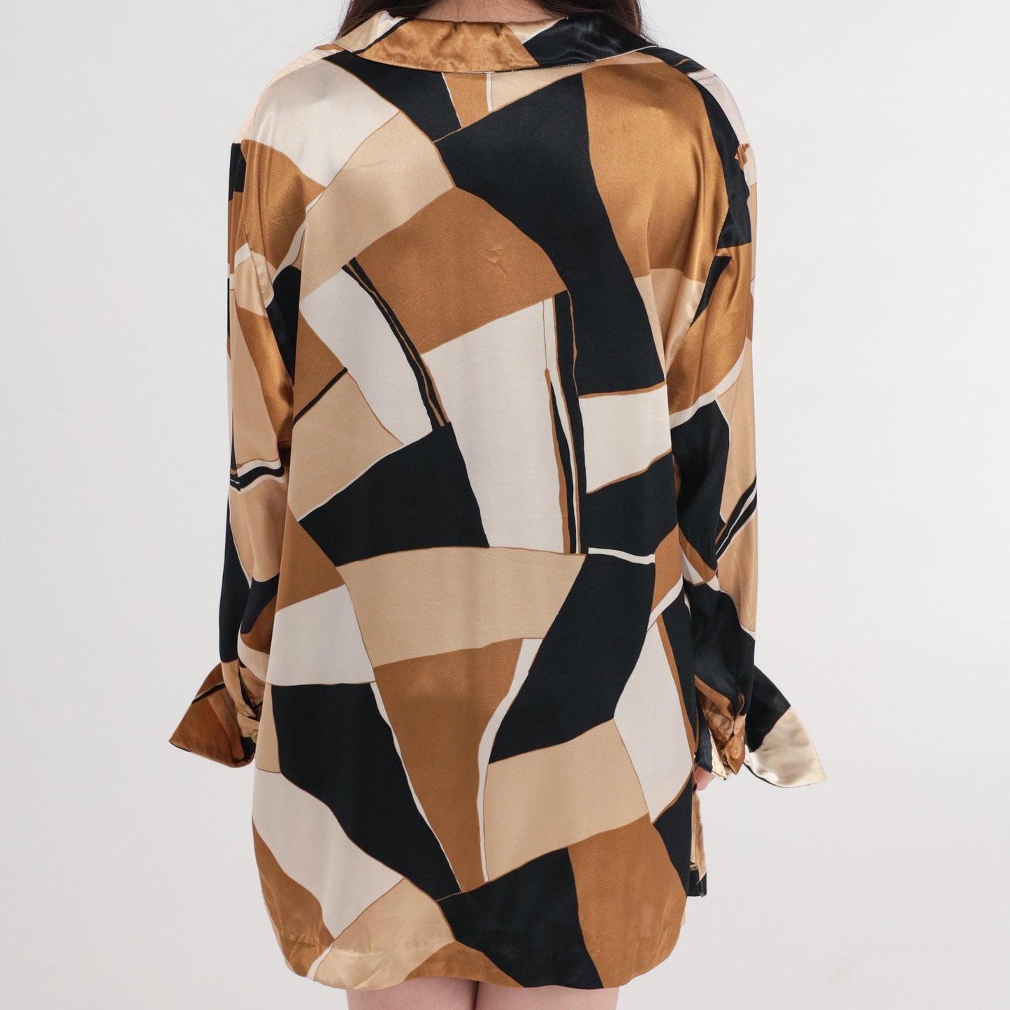 Y2K Abstract Print Button-Up Blouse Long Sleeve Brown Black Cream Extra Large