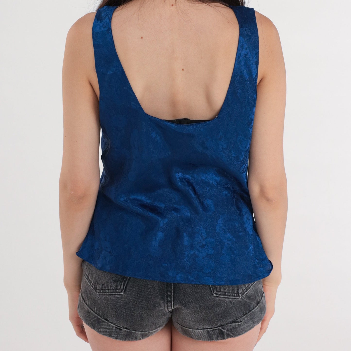 90s Navy Floral Embossed Satin Camisole Tank Top Medium M