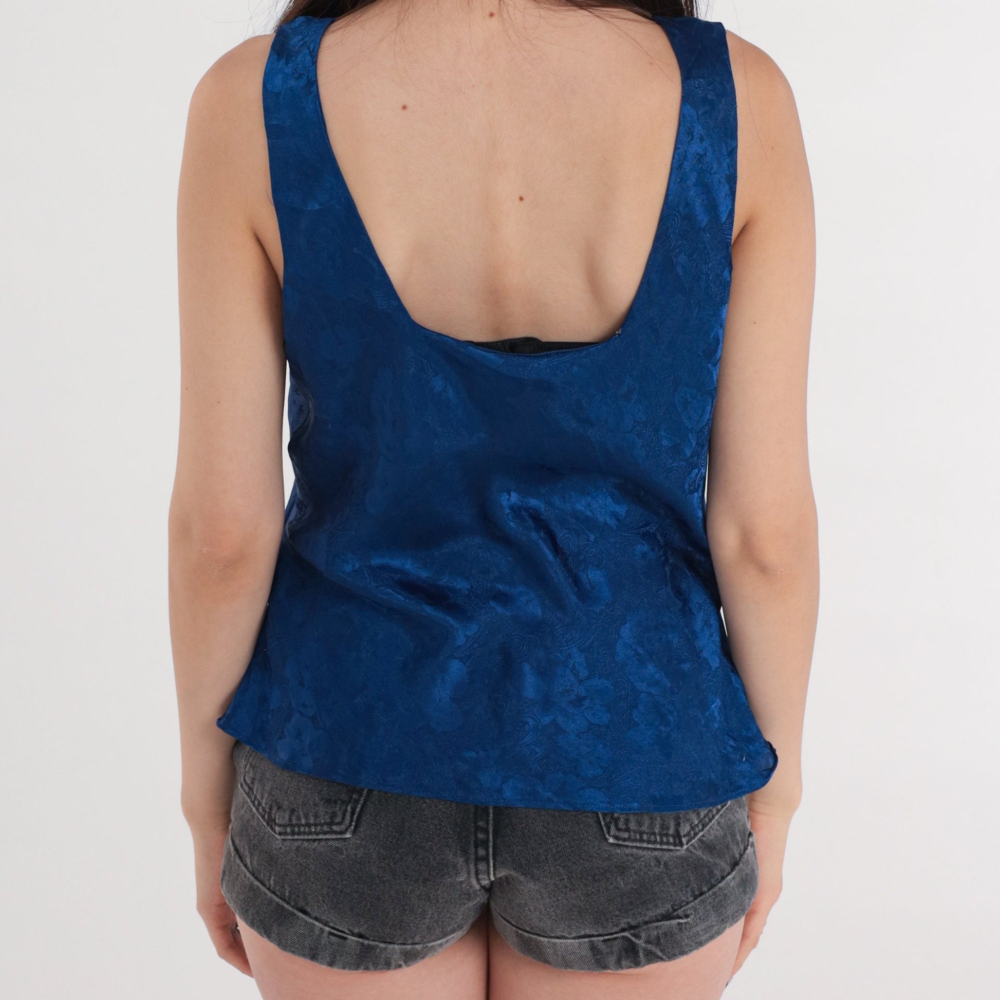 90s Navy Floral Embossed Satin Camisole Tank Top Medium M
