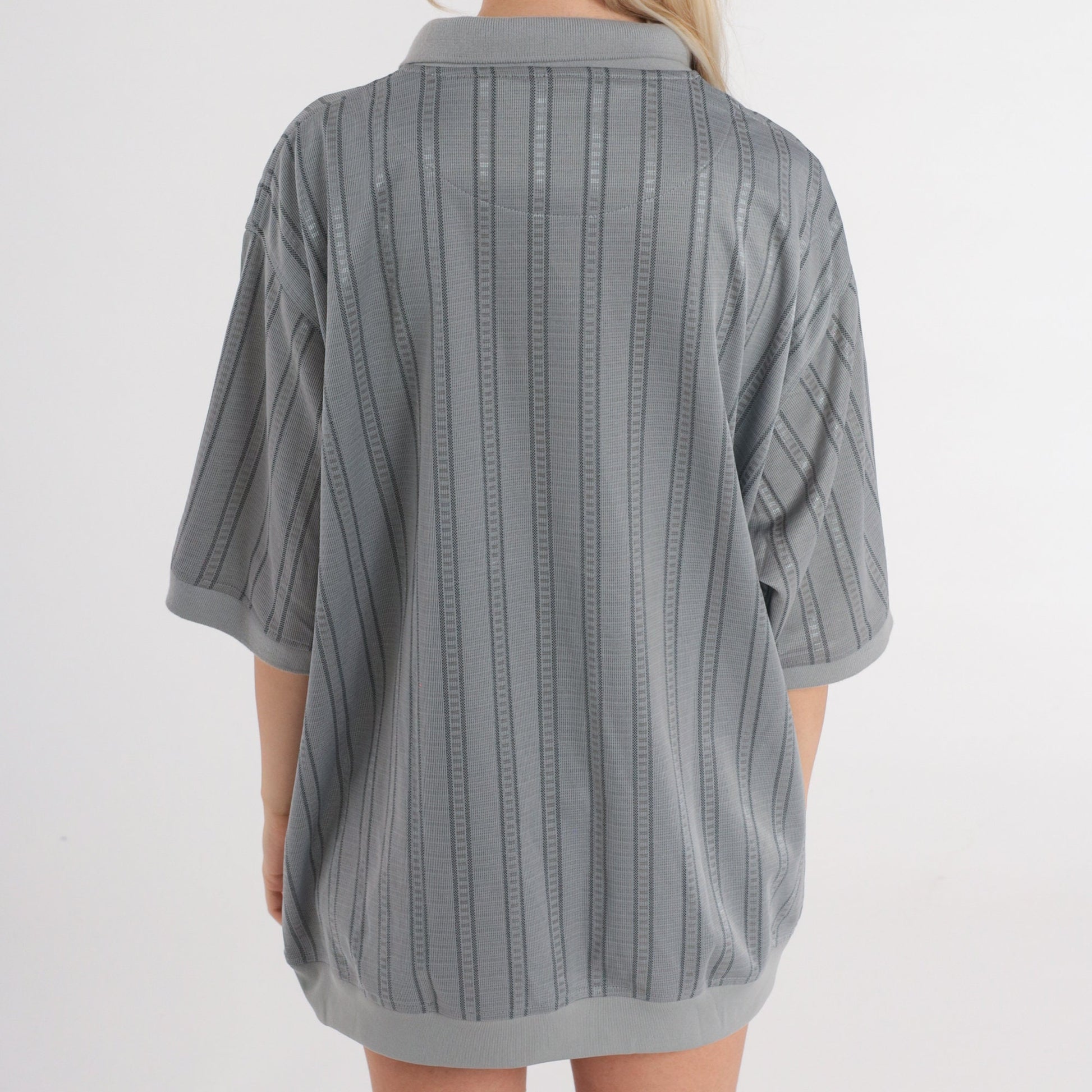 80s Grey Striped Polo Shirt Half Button Short Sleeve Men's Extra Large XL