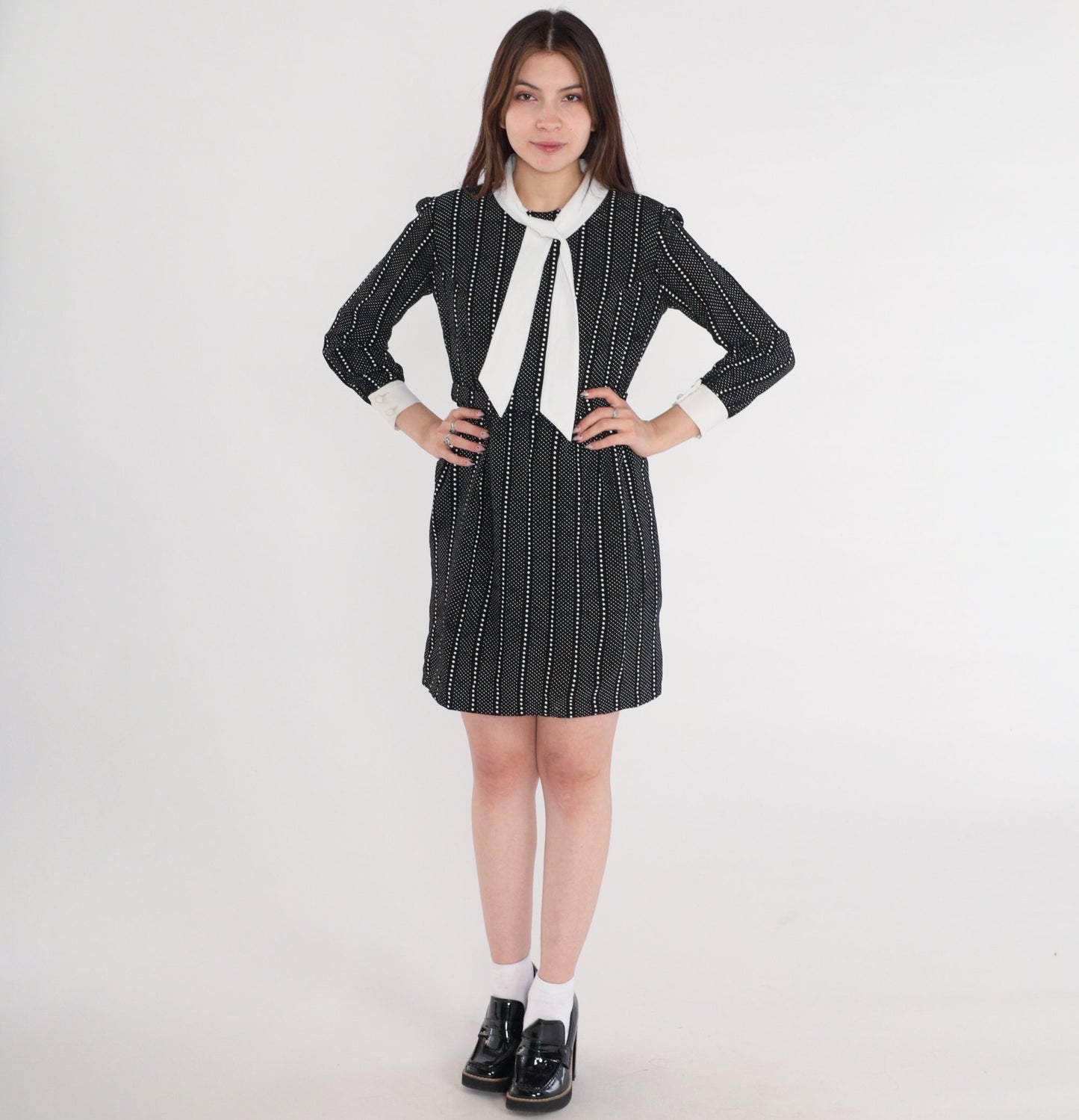60s Lanz Originals Mod Mini Dress Black White Dot Ascot Tie Small