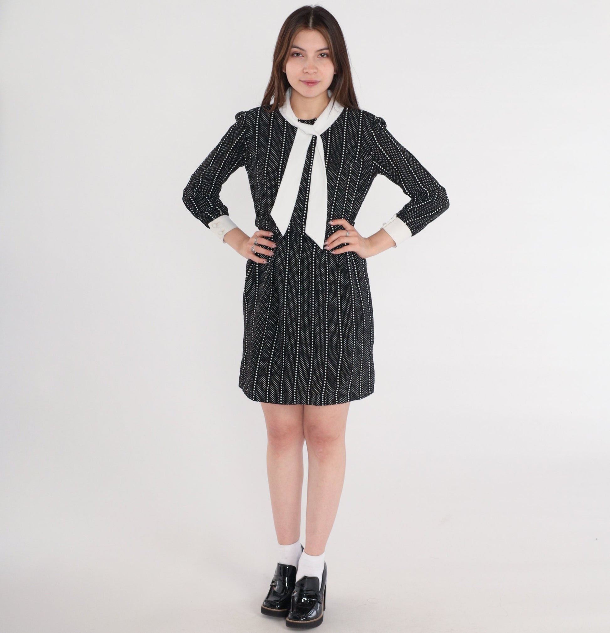 60s Lanz Originals Mod Mini Dress Black White Dot Ascot Tie Small