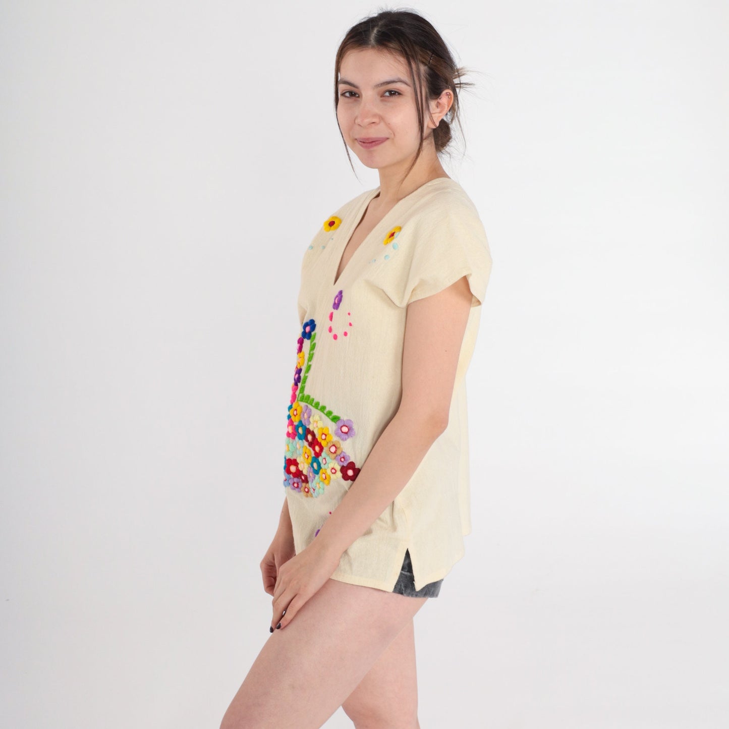 80s Cream Floral Embroidered Blouse Butterfly Cap Sleeve Cotton Medium