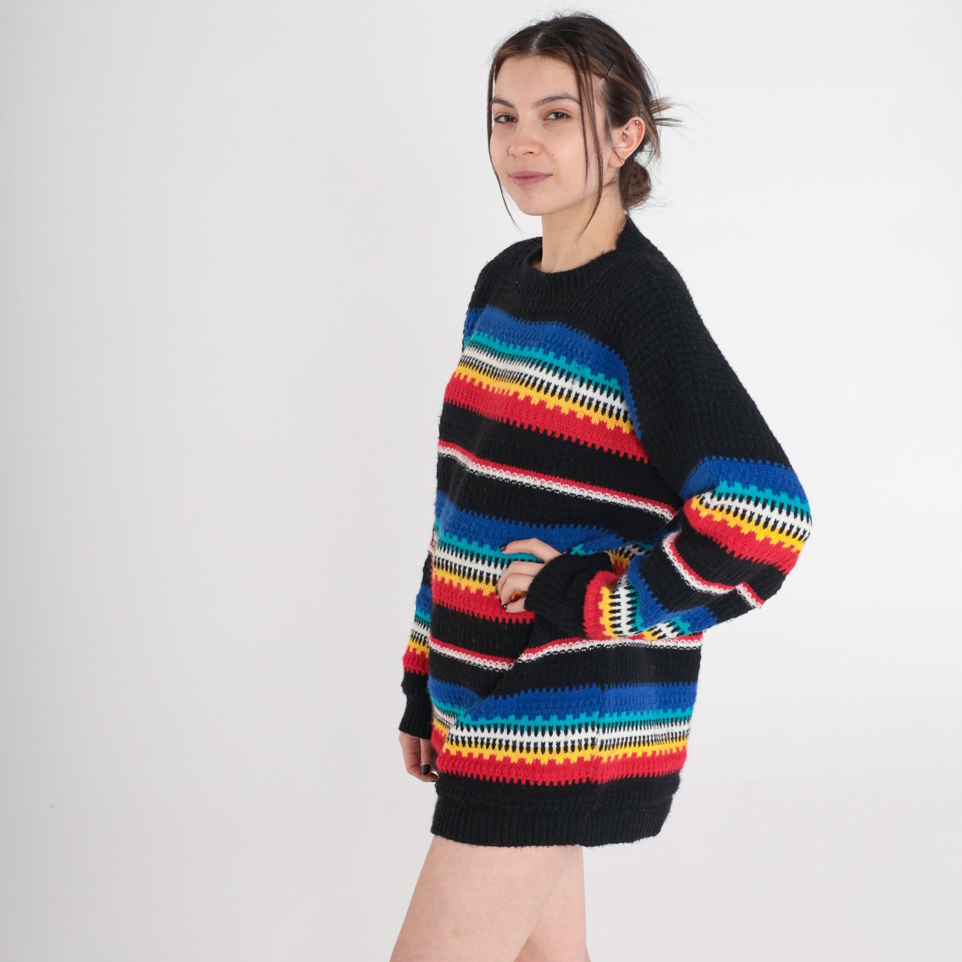 80s Cuddle Knit Striped Crewneck Sweater Black Multicolor Small S