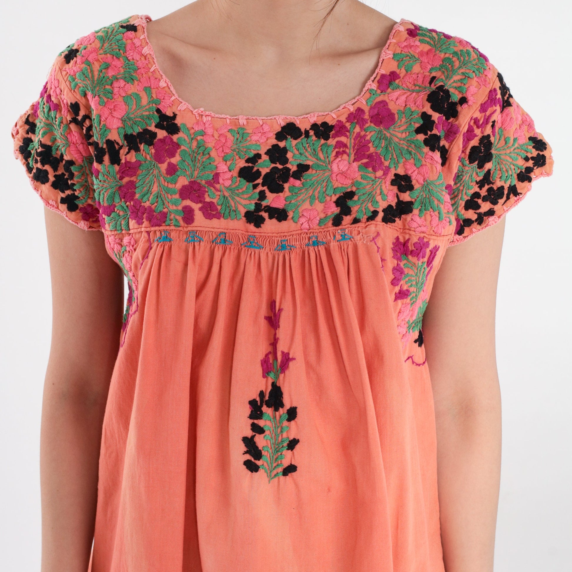 70s Oaxacan Floral Embroidered Mini Dress Orange Cotton Peasant Small