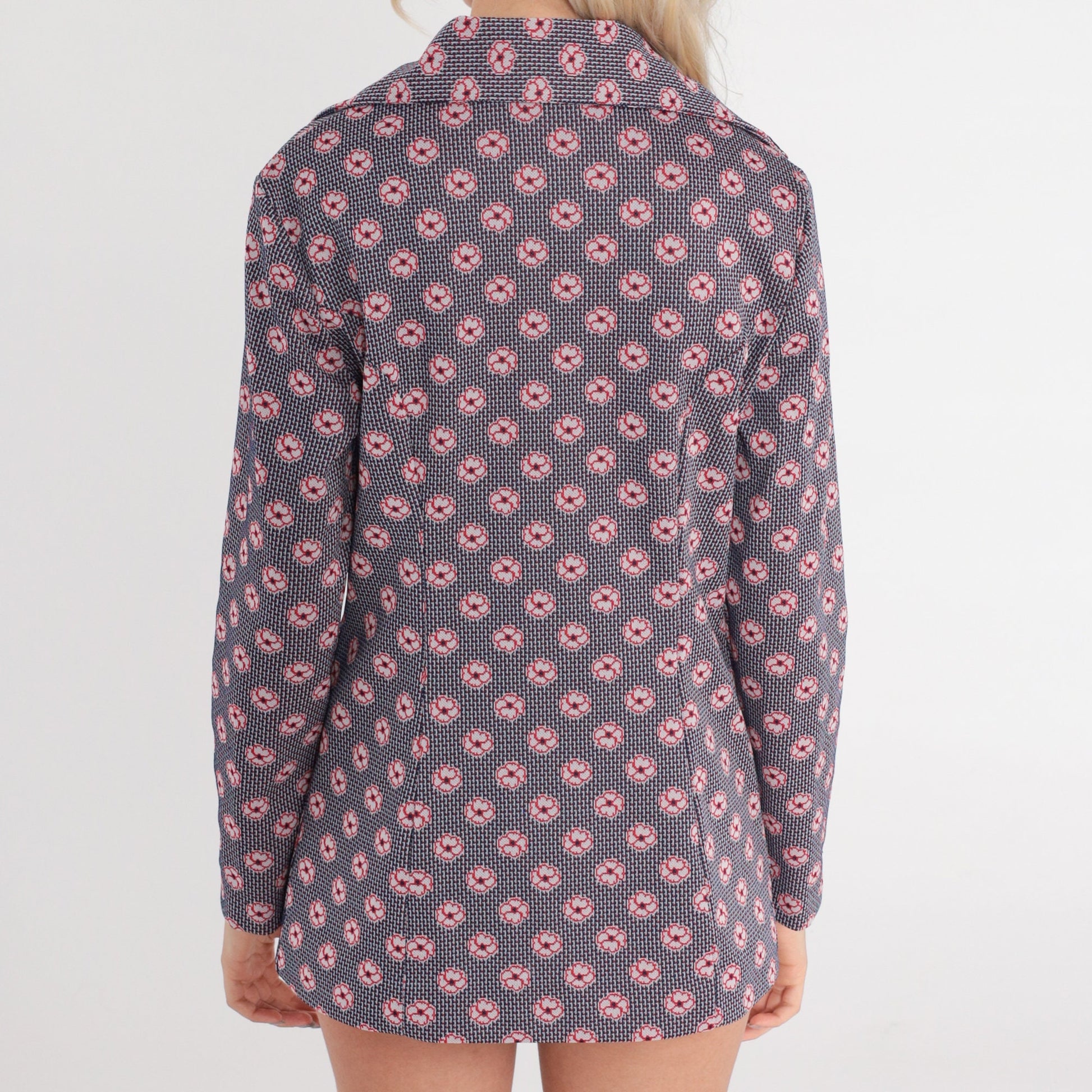 70s Floral Blazer Jacket Red White Blue Oversized Collar Small