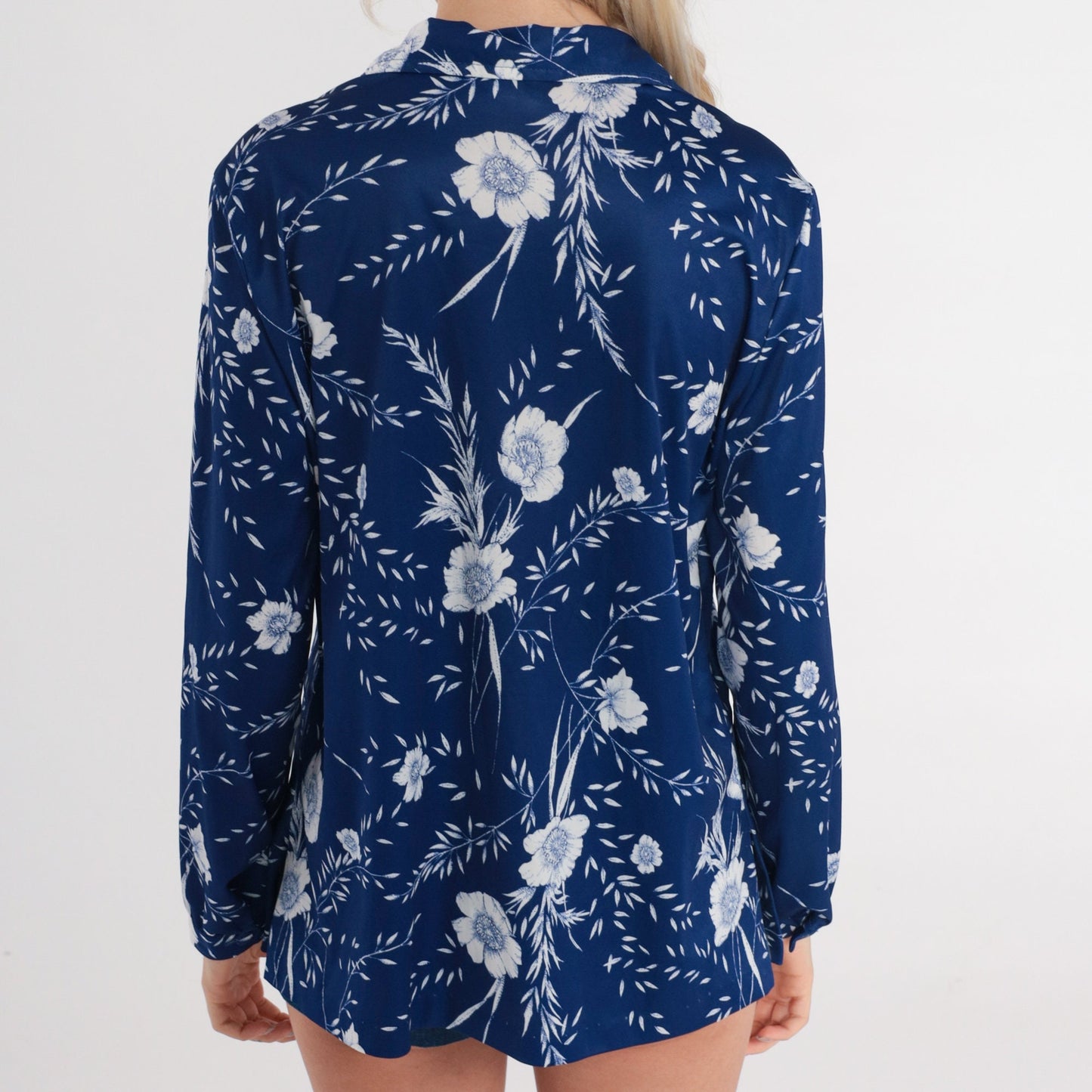 70s Floral Blouse Blue V-Neck Long Sleeve Polo Shirt Medium