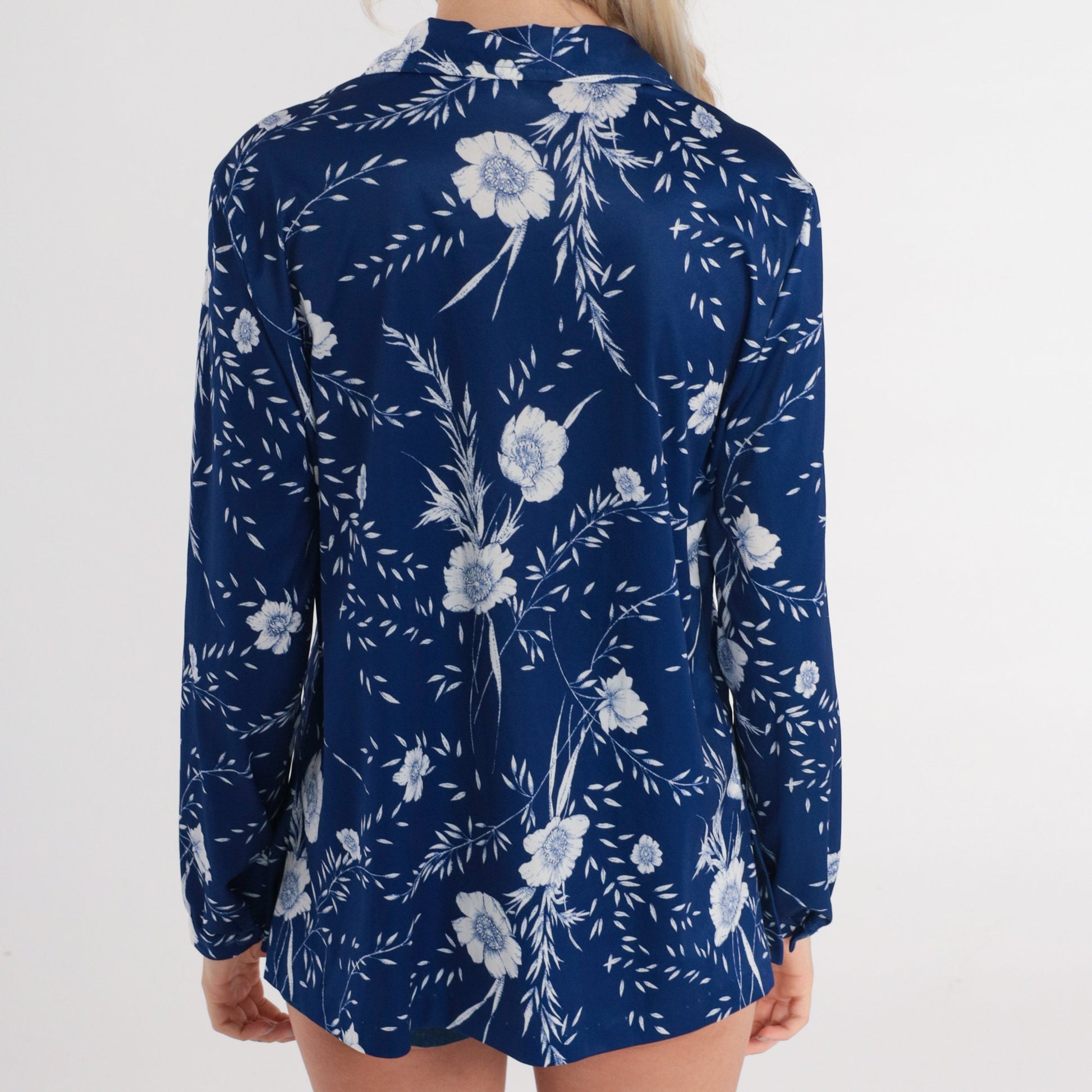 70s Floral Blouse Blue V-Neck Long Sleeve Polo Shirt Medium
