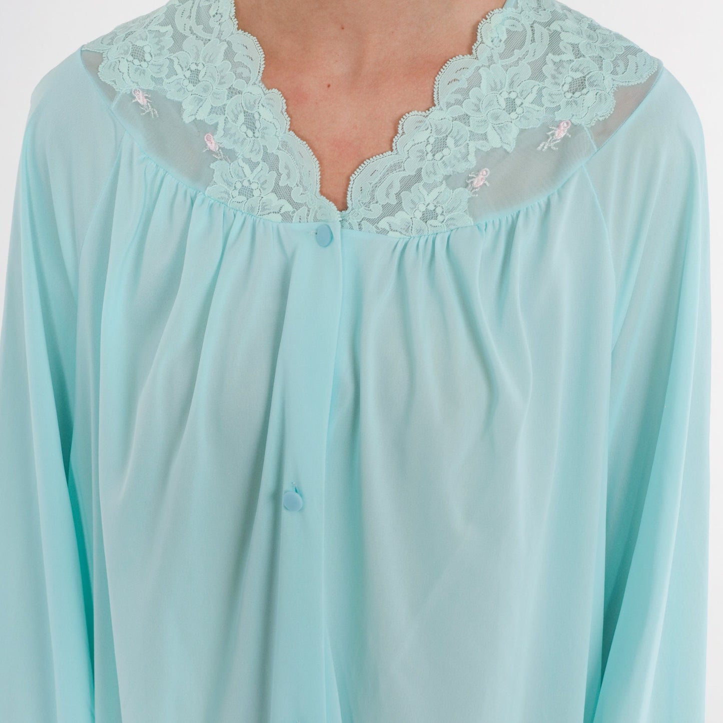 70s Blue Nylon Pajama Robe Maxi Lace Trim Button Front Bed Jacket Medium M