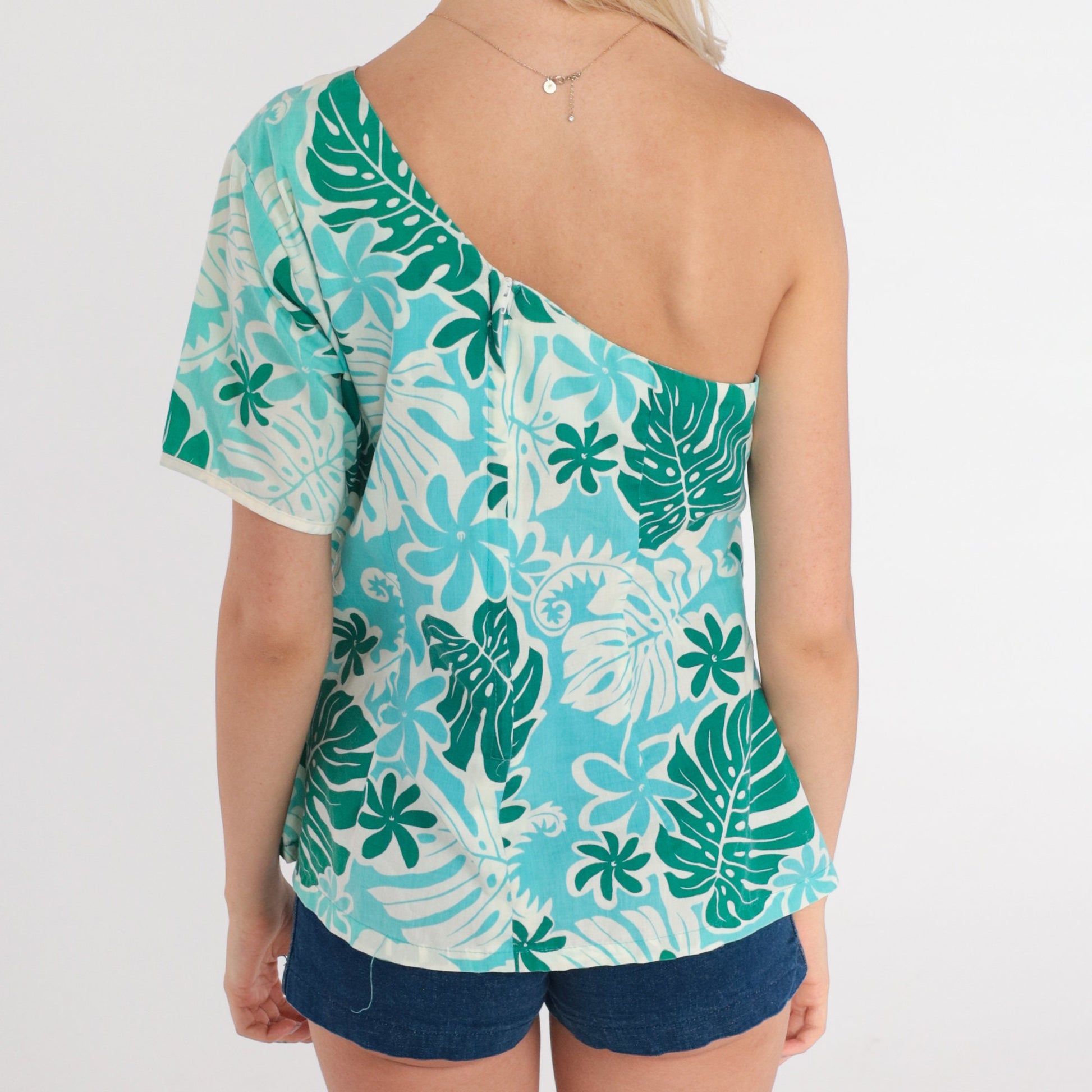 70s Hawaiian Floral One-Shoulder Blouse Blue Green Cotton Small